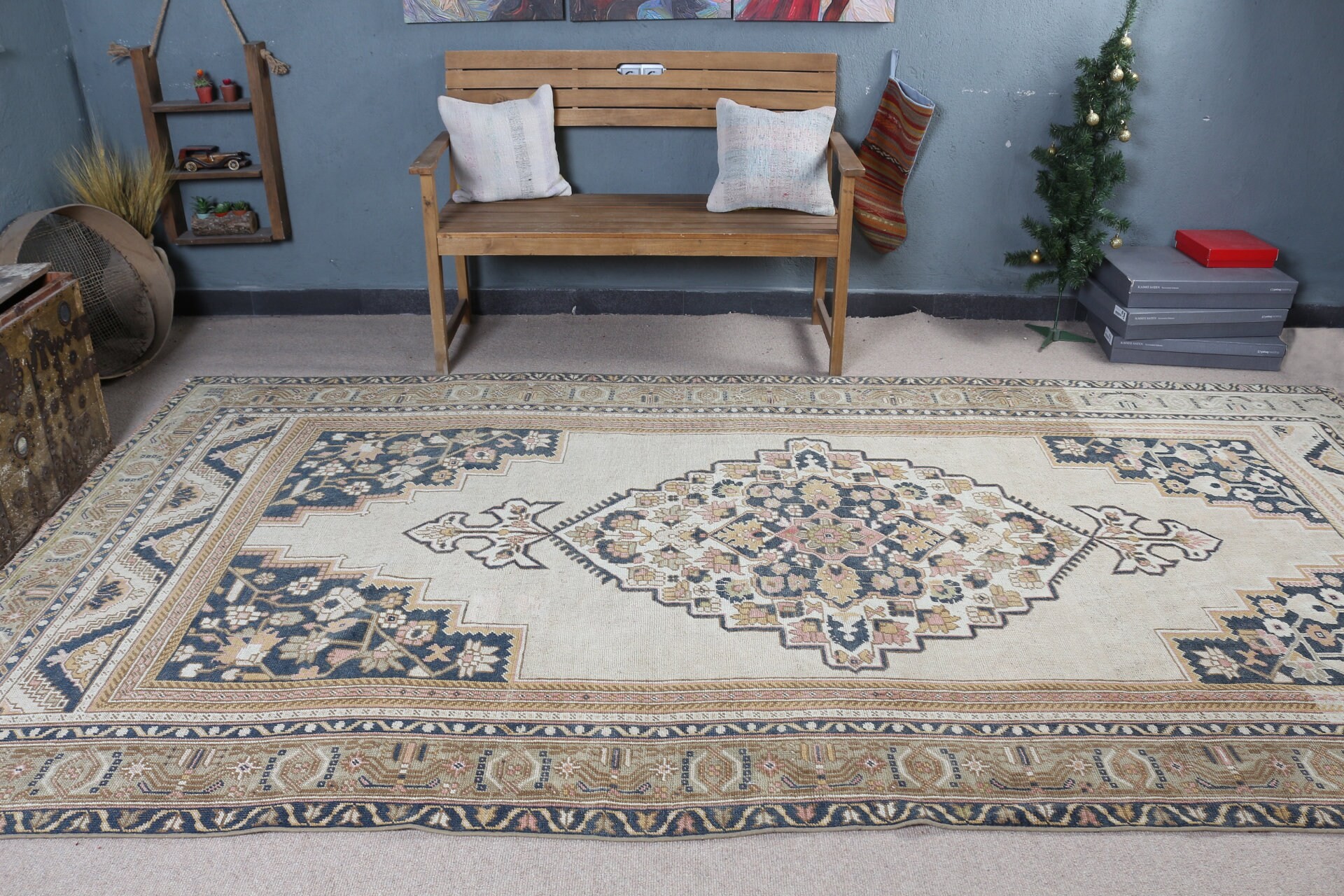 Vintage Halı, Yemek Odası Halıları, Türk Halısı, Fas Halıları, Yatak Odası Halıları, Yün Halılar, Bej Antika Halı, 6x11.6 ft Büyük Halı, Salon Halıları