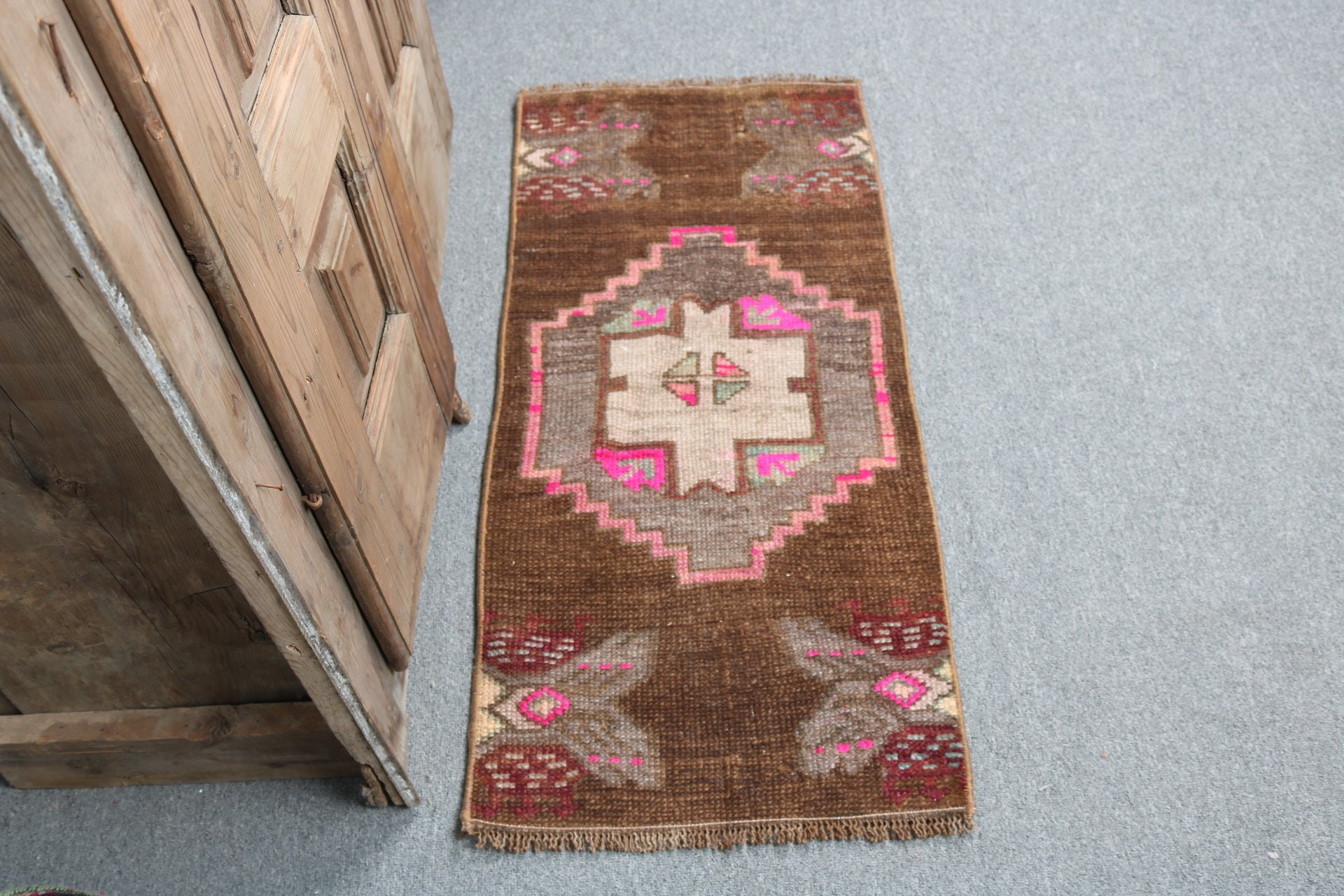 Turkish Rug, Small Area Rug, Brown Geometric Rugs, Luxury Rug, Wall Hanging Rugs, Vintage Rug, 1.4x3.1 ft Small Rugs, Kitchen Rugs