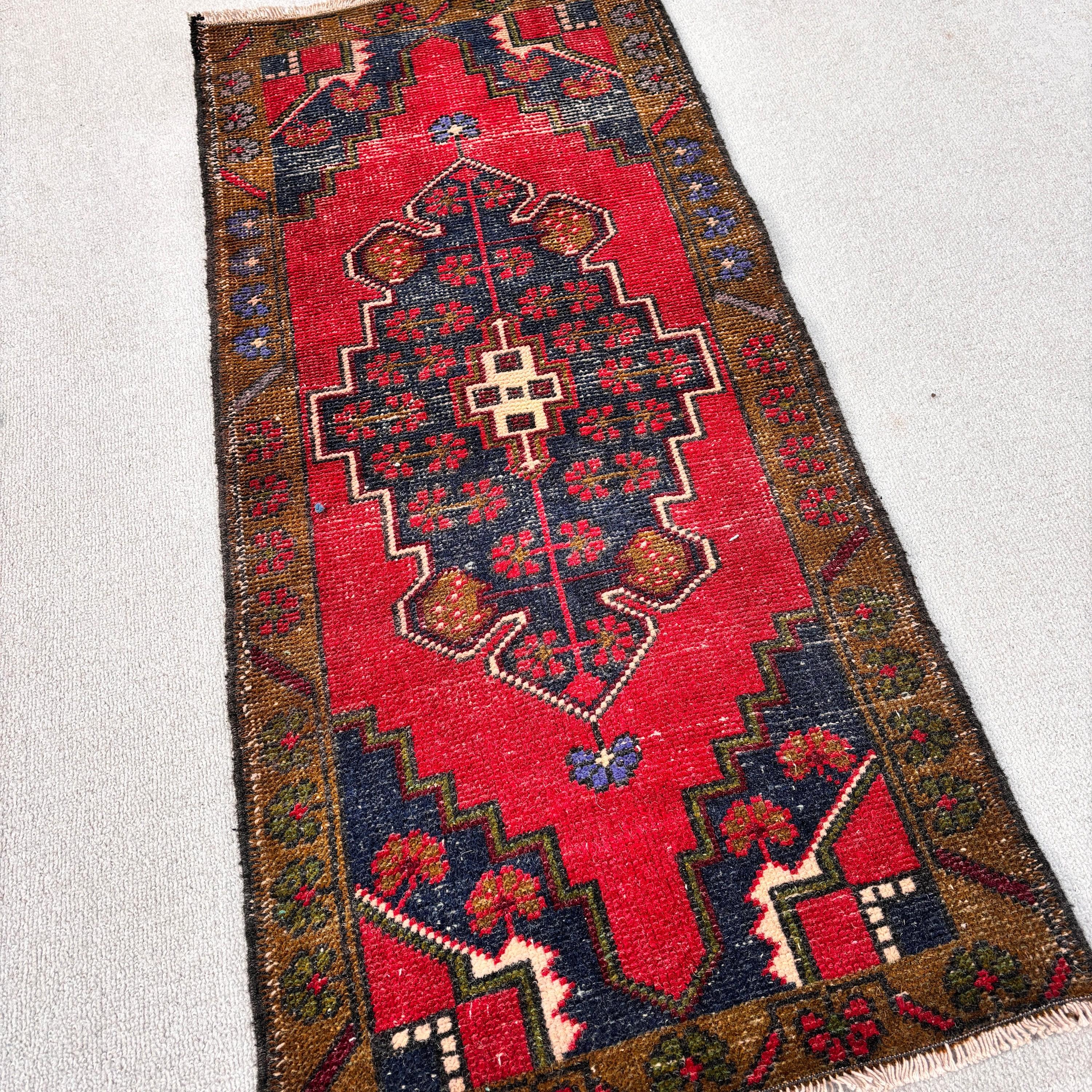 Turkish Rugs, Vintage Rug, Ethnic Rug, Geometric Rug, Small Area Rug, Kitchen Rug, Red Cool Rugs, 1.7x3.8 ft Small Rug, Small Vintage Rug