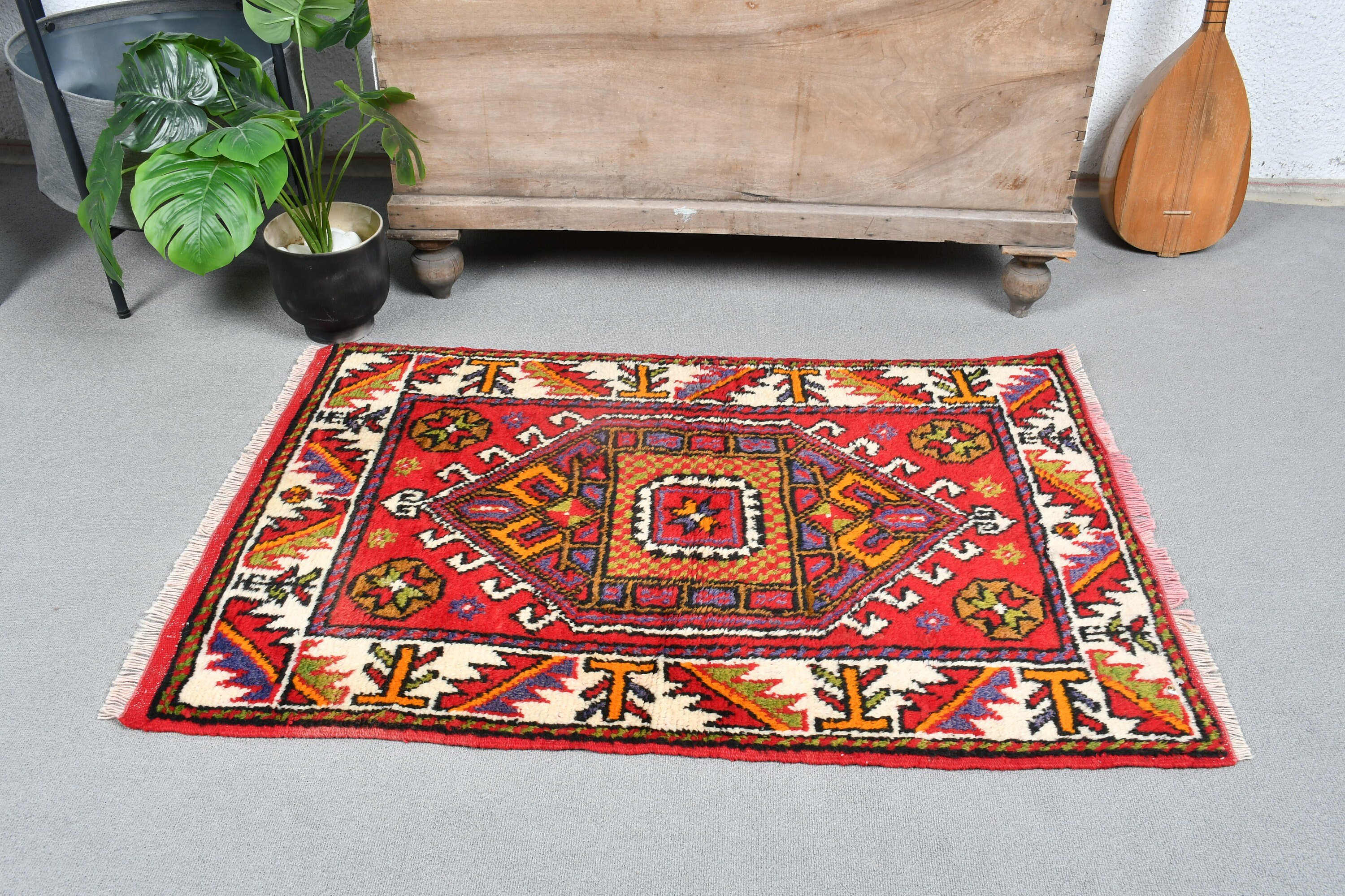 Antique Rug, Vintage Rug, Turkish Rug, Wool Bath Mat Rug, Red Kitchen Rugs, Kitchen Rug, Entry Rug, Rugs for Entry, 2.5x3.7 ft Small Rug