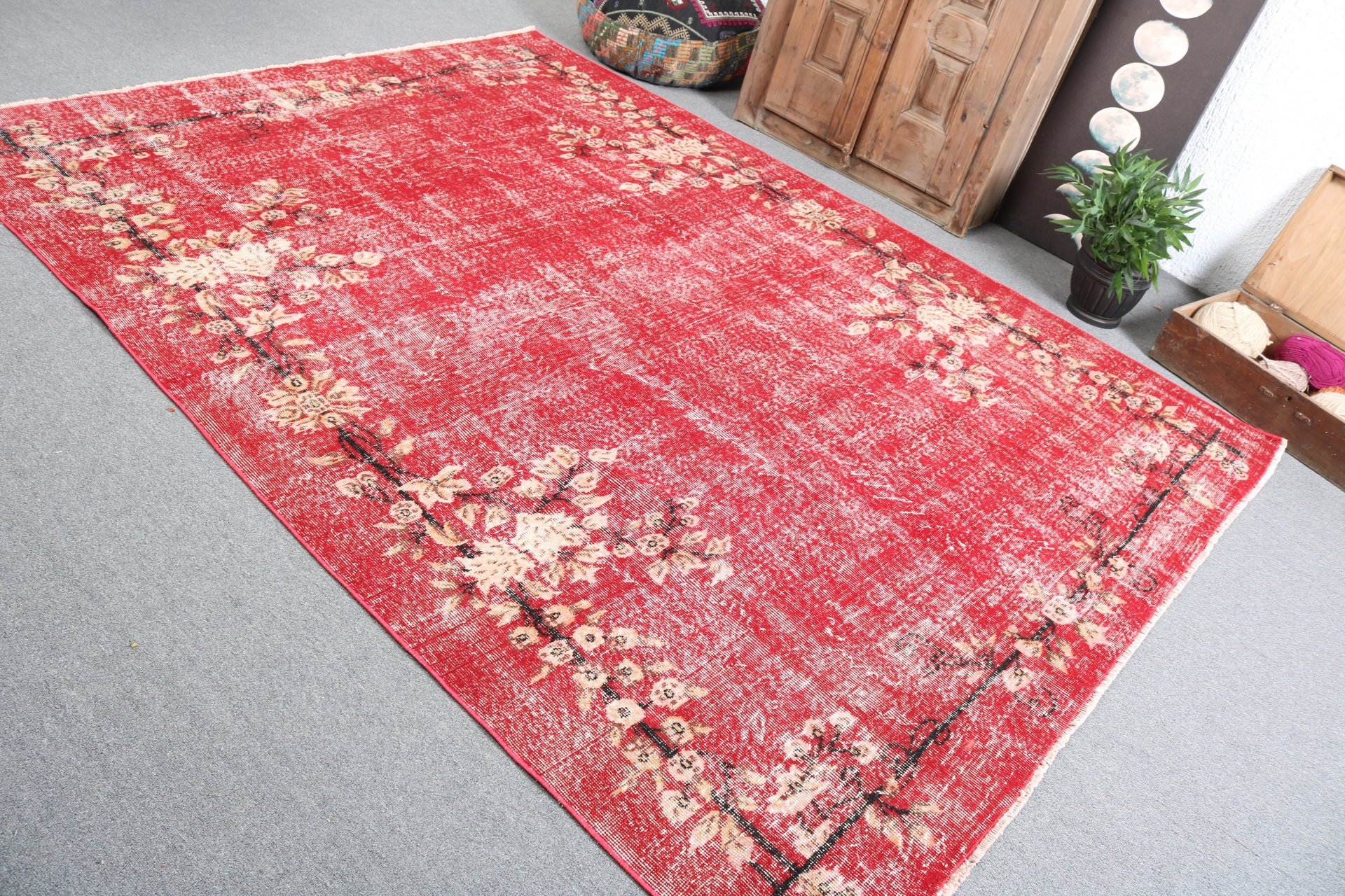 Oushak Rug, Salon Rug, Red Home Decor Rugs, Handwoven Rugs, Modern Rug, Vintage Rug, Large Vintage Rug, Turkish Rug, 6.8x8.9 ft Large Rug