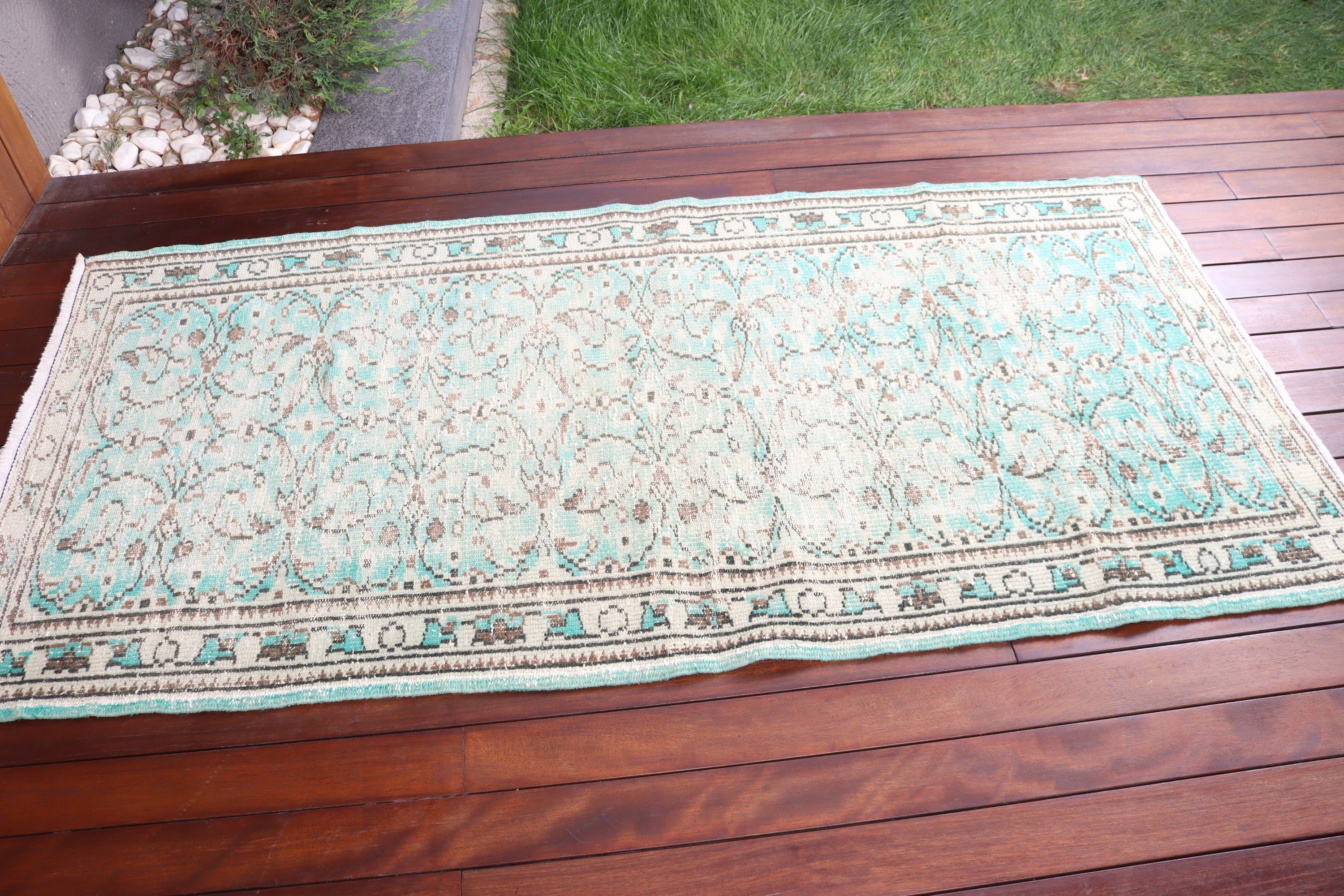 Vintage Vurgulu Halılar, Yer Halıları, Türk Halıları, Yeşil 3,2x6,6 ft Vurgulu Halı, Giriş Halıları, Vintage Halılar, Anadolu Halıları