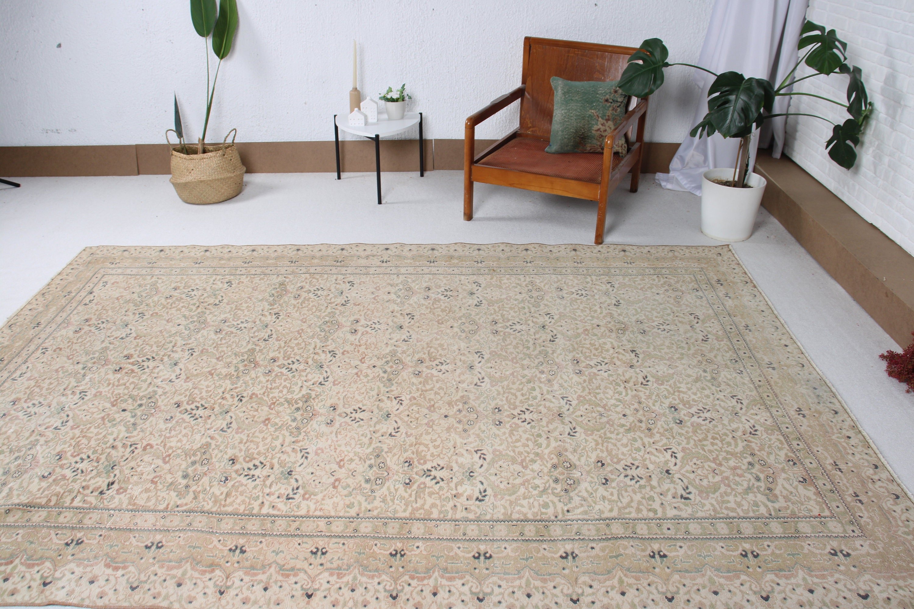 Büyük Boho Halıları, Türk Halısı, 6,4x9,4 ft Büyük Halılar, Vintage Halı, Tribal Halı, Lüks Halı, Yatak Odası Halıları, Bej Antika Halı, El Dokuma Halılar