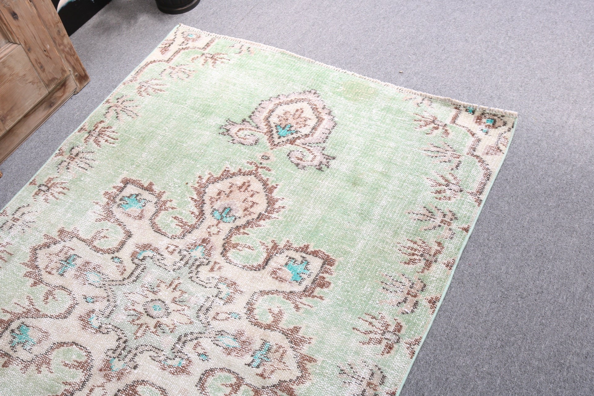 Exotic Rug, Turkish Rugs, Oushak Rugs, Green Oushak Rug, Nursery Rugs, Vintage Rug, Oriental Rug, 3.7x5.6 ft Accent Rugs, Kitchen Rugs