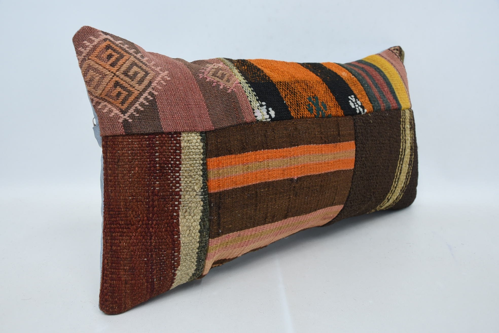 Bench Pillow, Home Decor Pillow, Colorful Cushion Case, Kilim Pillow, 12"x24" Brown Pillow Cover, Indoor Pillow Sham, Throw Kilim Pillow