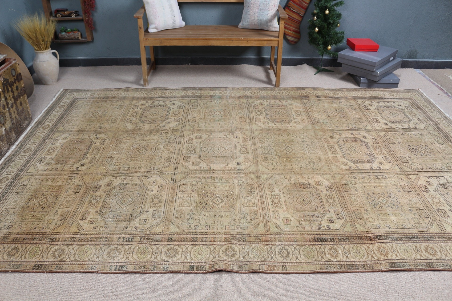 Beige Home Decor Rugs, Home Decor Rug, Turkish Rugs, Office Rug, Cool Rug, Vintage Rug, Salon Rug, Saloon Rug, 6.9x10.7 ft Oversize Rugs