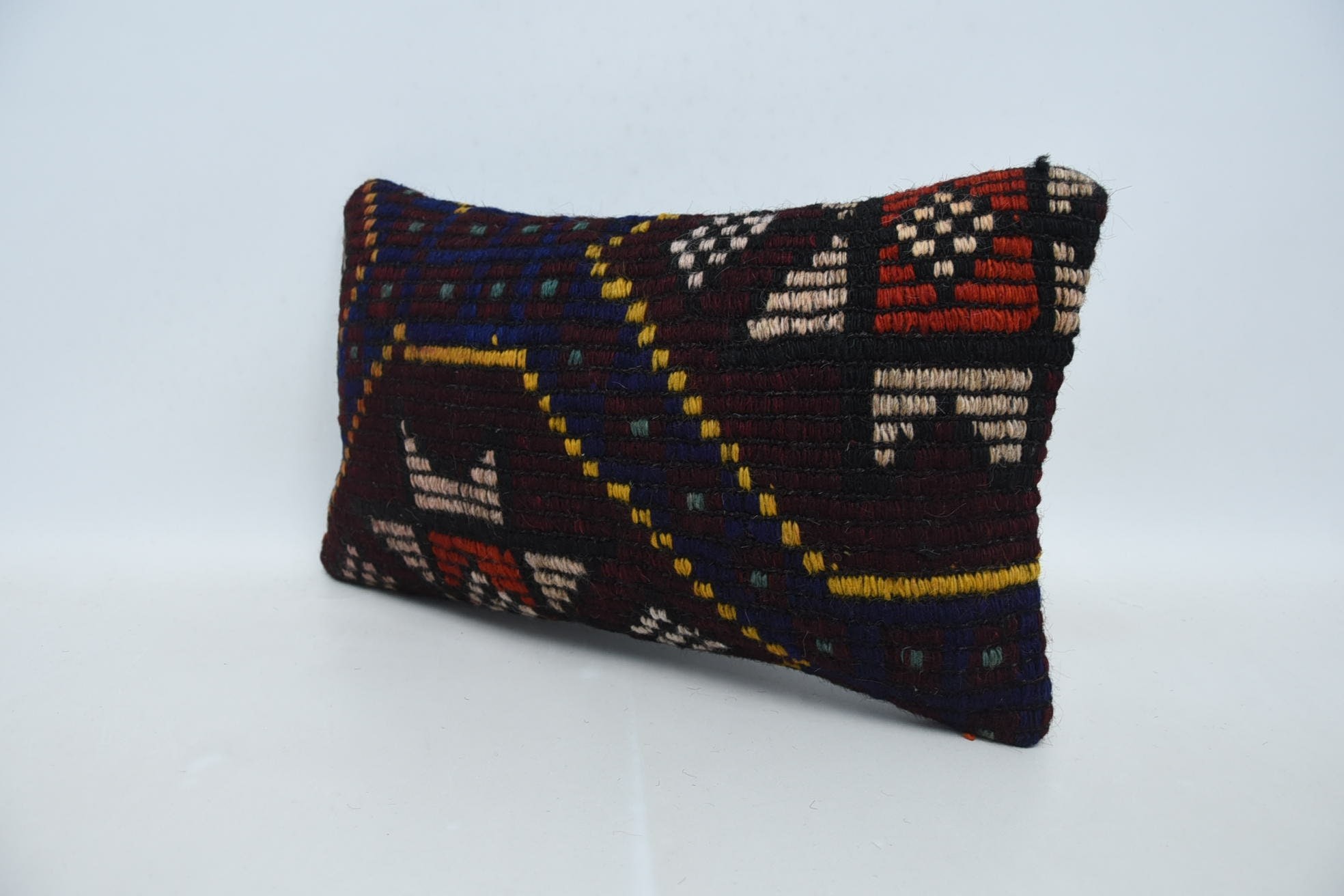 Ethnical Kilim Rug Pillow, Antique Pillows, 12"x20" Brown Cushion Case, Vintage Kilim Throw Pillow, Ottoman Pillow Cover