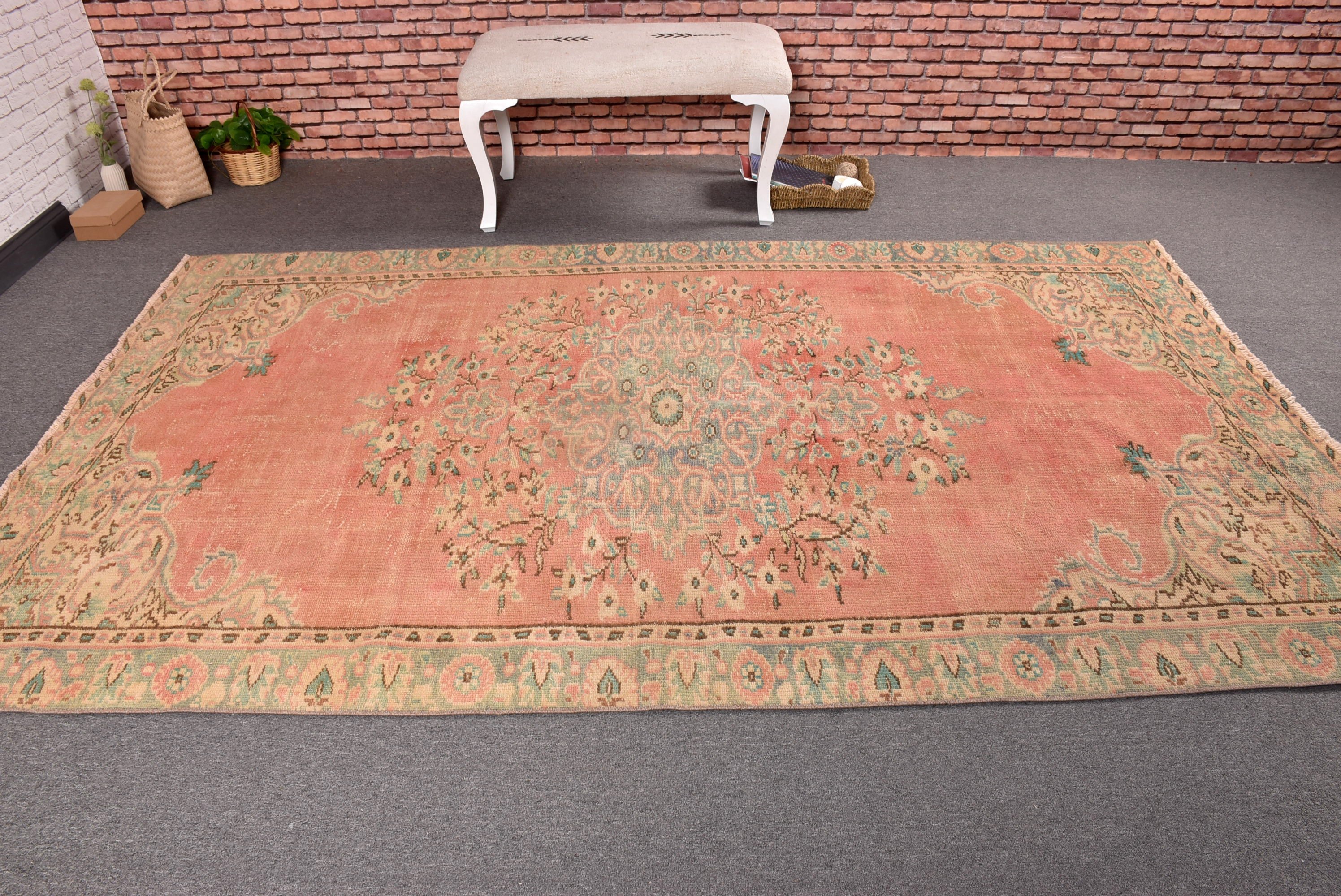 Turuncu Fas Halısı, Büyük Vintage Halılar, Türk Halısı, Vintage Halılar, Büyük Oushak Halısı, Lüks Halı, 5.3x8.9 ft Büyük Halılar, Geometrik Halılar