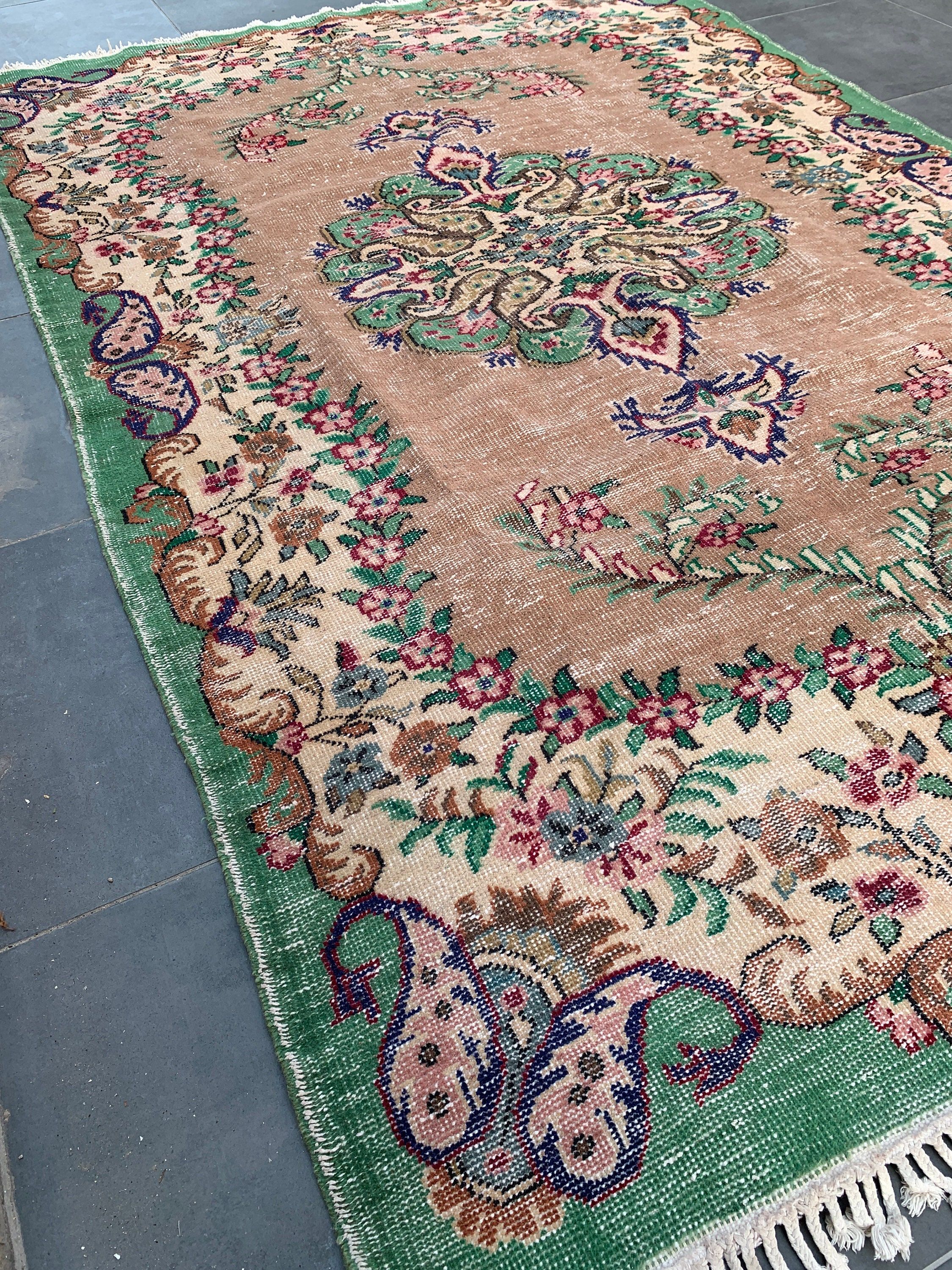 Mutfak Halıları, Vintage Halı, Türk Halısı, Bej Anadolu Halısı, Yemek Odası Halıları, 6.5x9.5 ft Büyük Halı, Salon Halısı, Oryantal Halı, Parlak Halılar