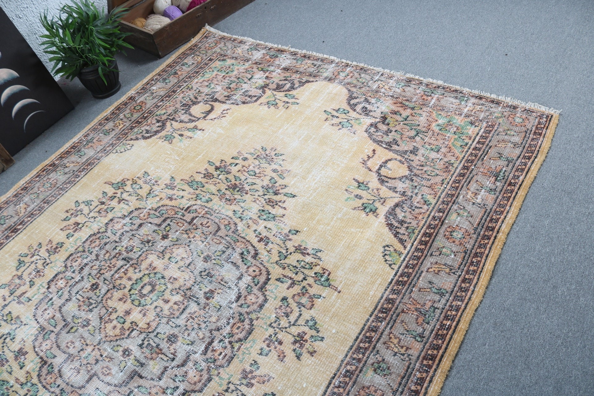 Türk Halısı, Vintage Halı, Boho Halıları, Ev Dekorasyonu Halıları, Büyük Vintage Halılar, Sarı Oryantal Halılar, Salon Halıları, 6.2x9.3 ft Büyük Halılar