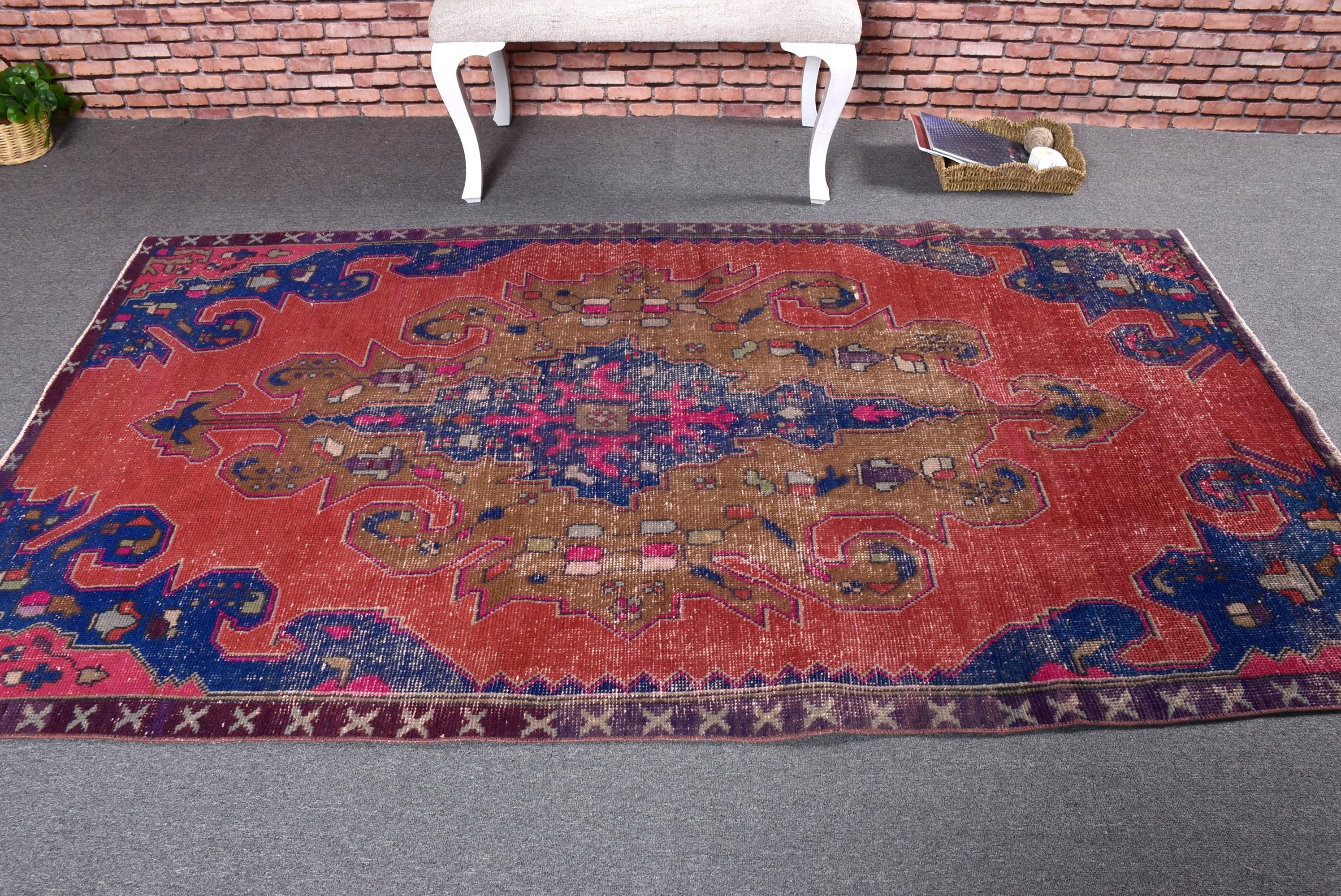 Statement Rug, Moroccan Rugs, Vintage Rugs, Boho Area Rugs, Handwoven Rug, Nursery Rug, 4.2x7.8 ft Area Rugs, Blue Modern Rugs, Turkish Rug