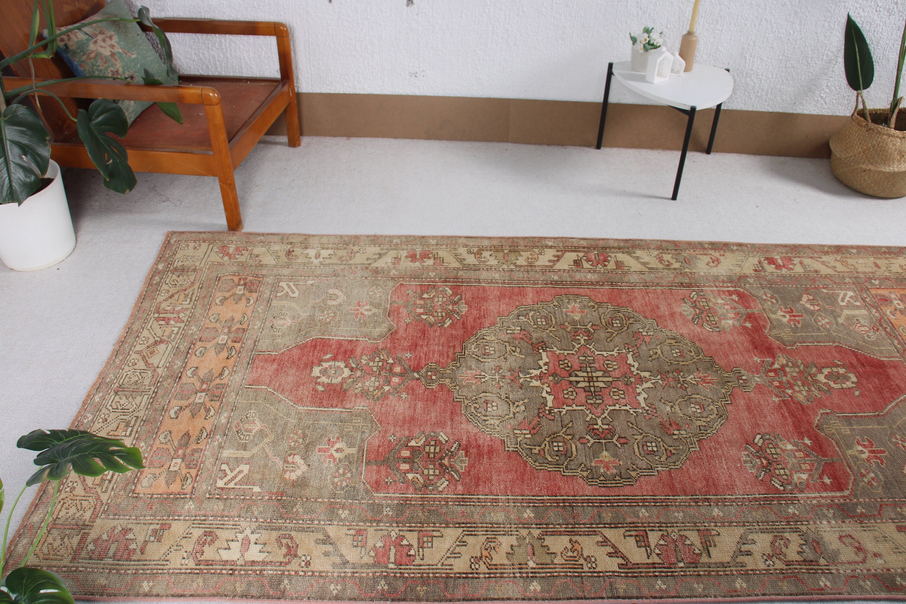 Oushak Bölge Halısı, 4.2x8.2 ft Alan Halısı, Çocuk Halısı, Kırmızı Oryantal Halı, El Dokuma Halılar, Vintage Halılar, Soğuk Halı, Türk Halısı, Yatak Odası Halıları