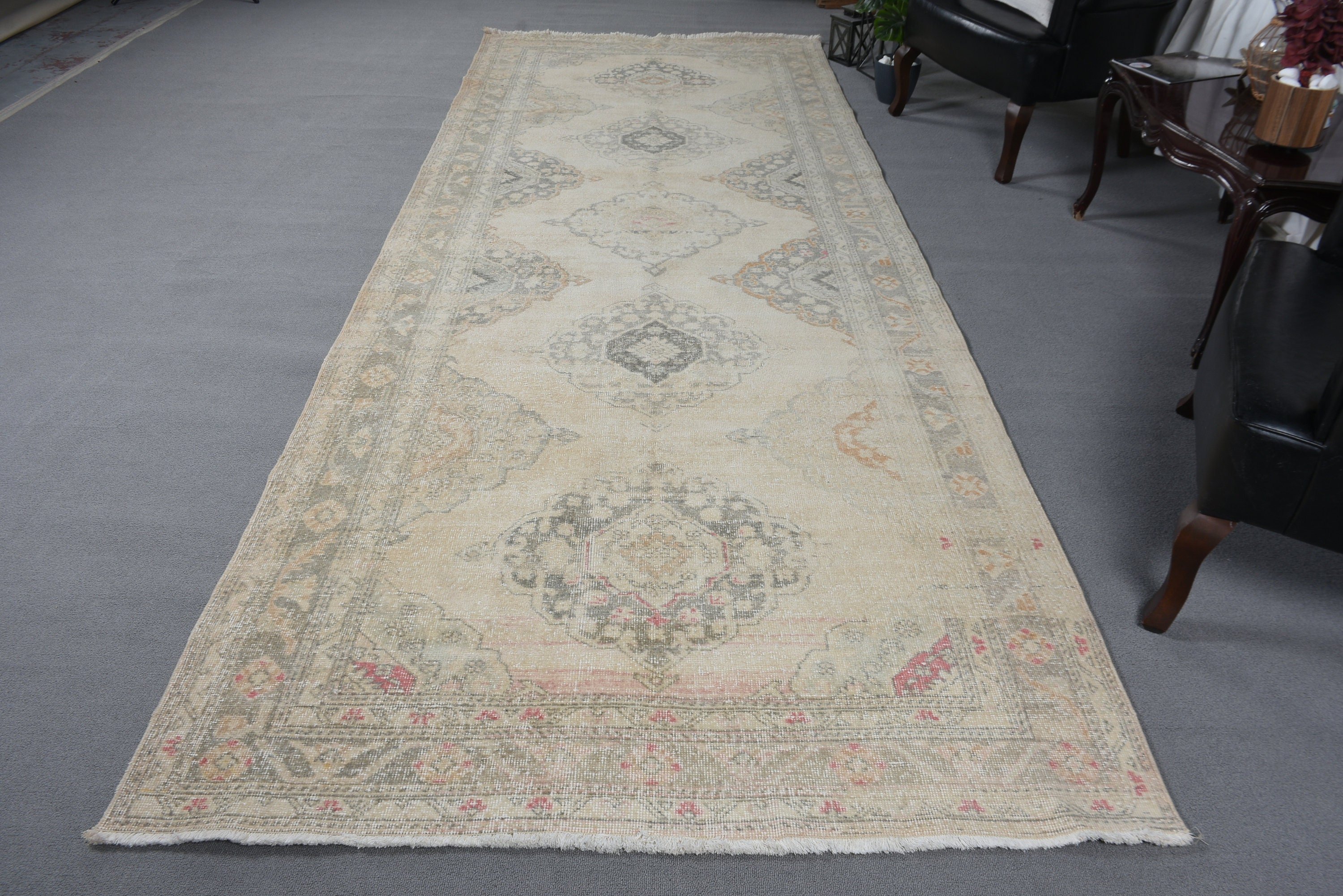 Türk Halıları, Vintage Runner Halıları, Koridor Halıları, Oryantal Halılar, Lüks Halı, Bej Havalı Halılar, Vintage Halılar, 4,8x12,7 ft Runner Halıları