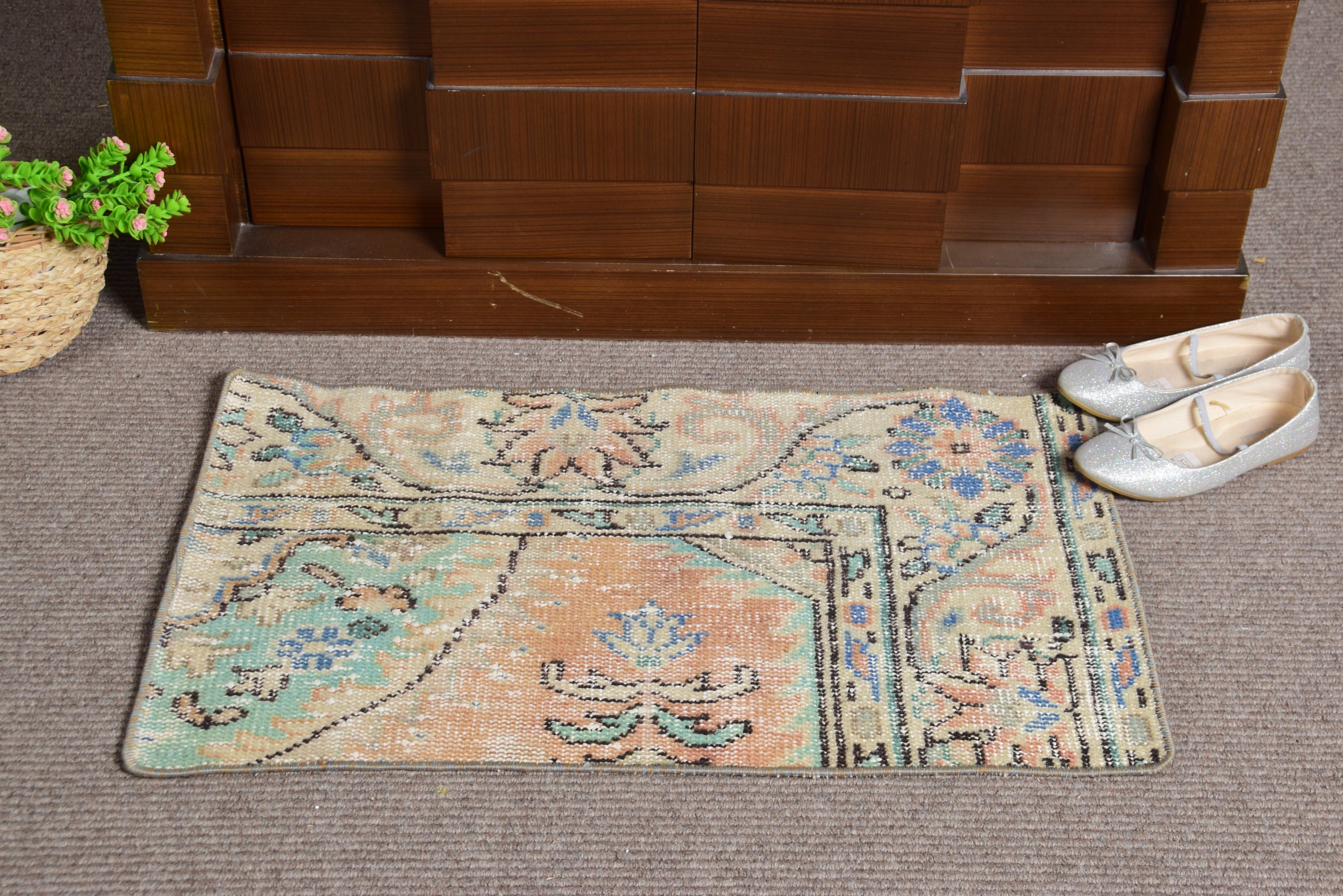 Araba Paspas Halıları, 1.5x2.6 ft Küçük Halılar, Bej Ev Dekorasyonu Halısı, Vintage Halı, Yün Halı, Duvara Asılı Halı, Türk Halısı, Oushak Halısı, Tasarımcı Halısı