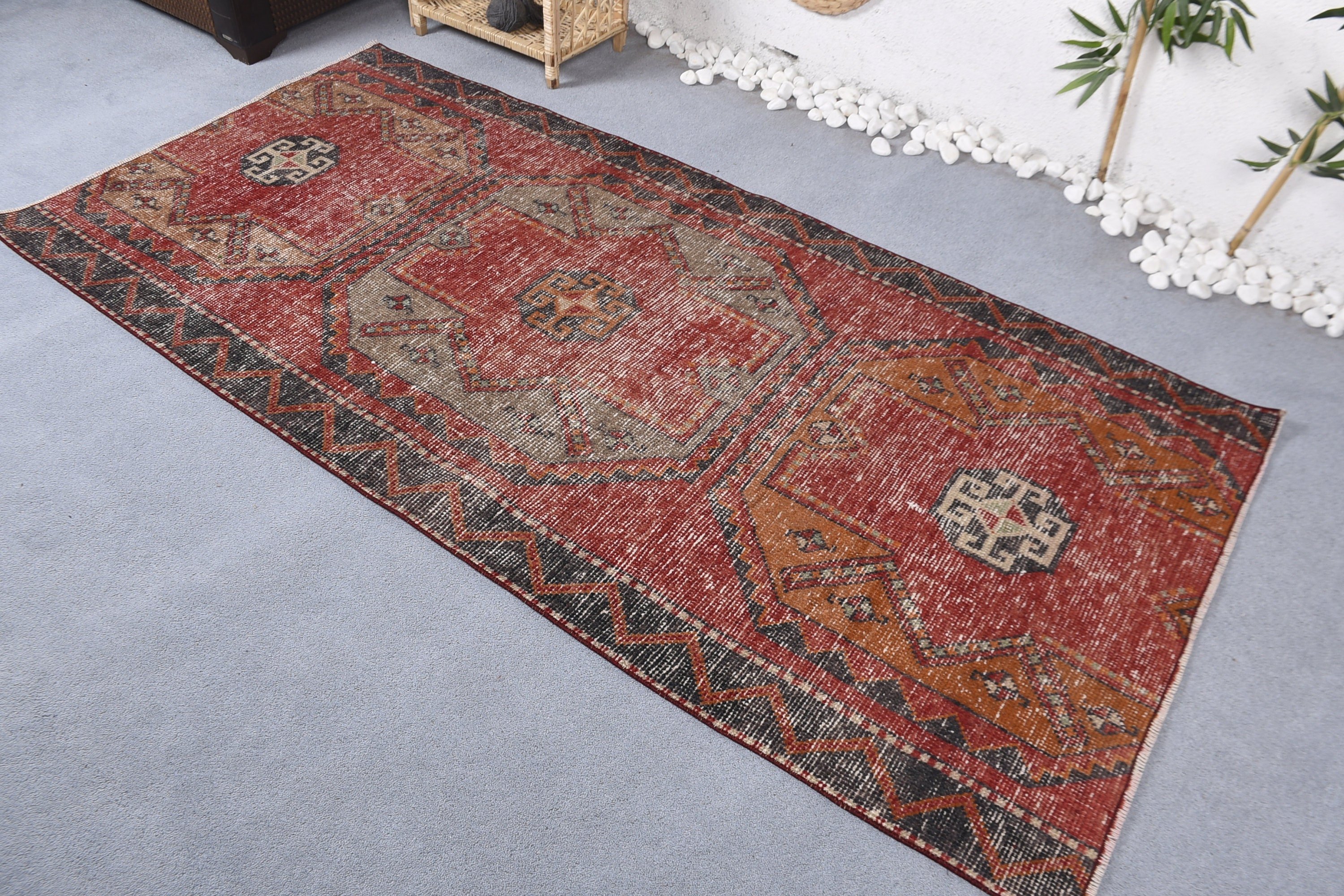 Floor Rug, Vintage Rug, Turkish Rugs, Bedroom Rug, Rugs for Kitchen, Vintage Decor Rugs, Red Floor Rug, 3.5x7.4 ft Area Rug