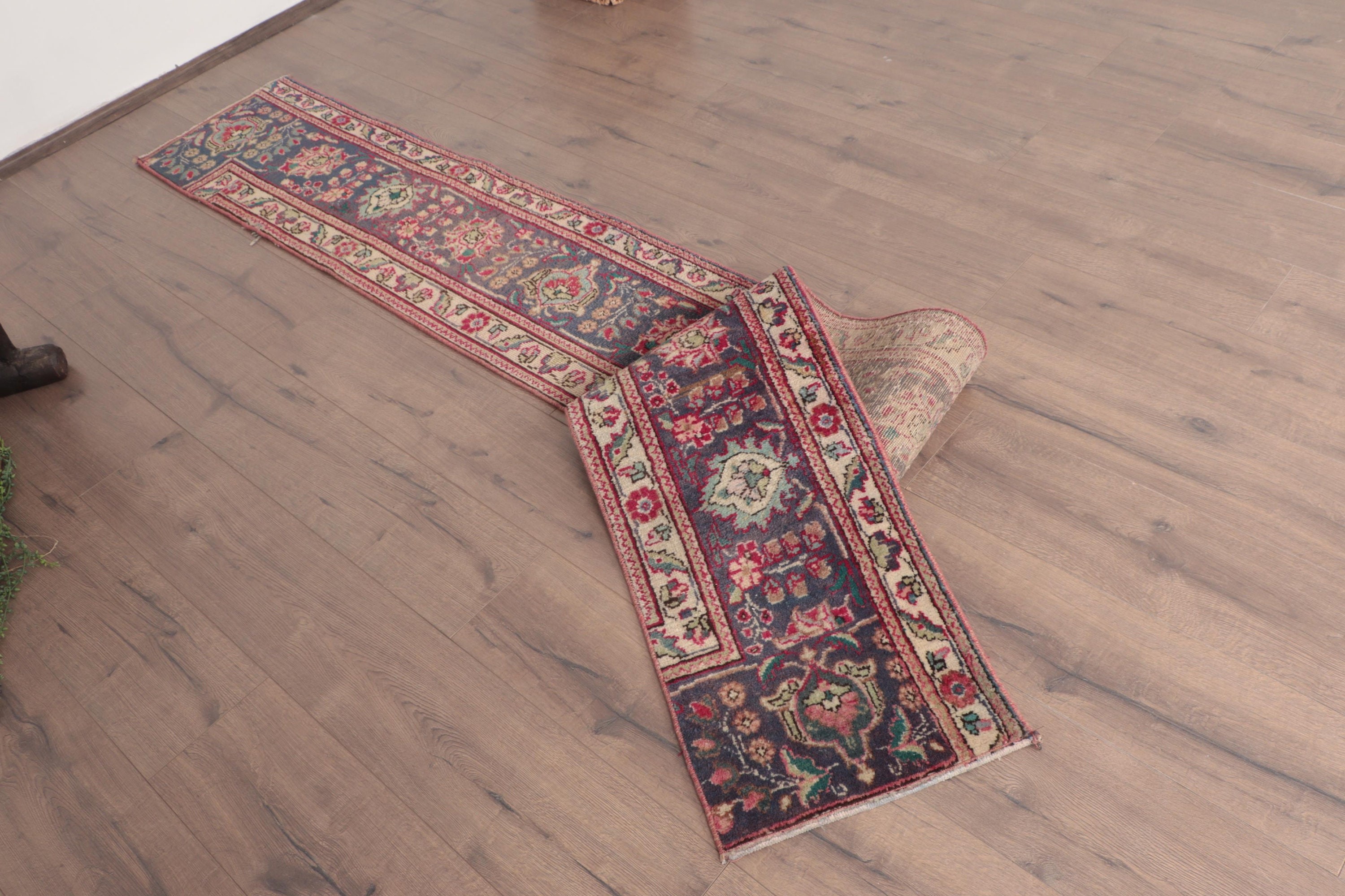 Vintage Halı, Koridor Halıları, Türk Halısı, Mutfak Halısı, Oushak Halısı, Antika Halı, Koridor Halısı, 1.3x10.5 ft Runner Halısı, Mavi Geometrik Halılar