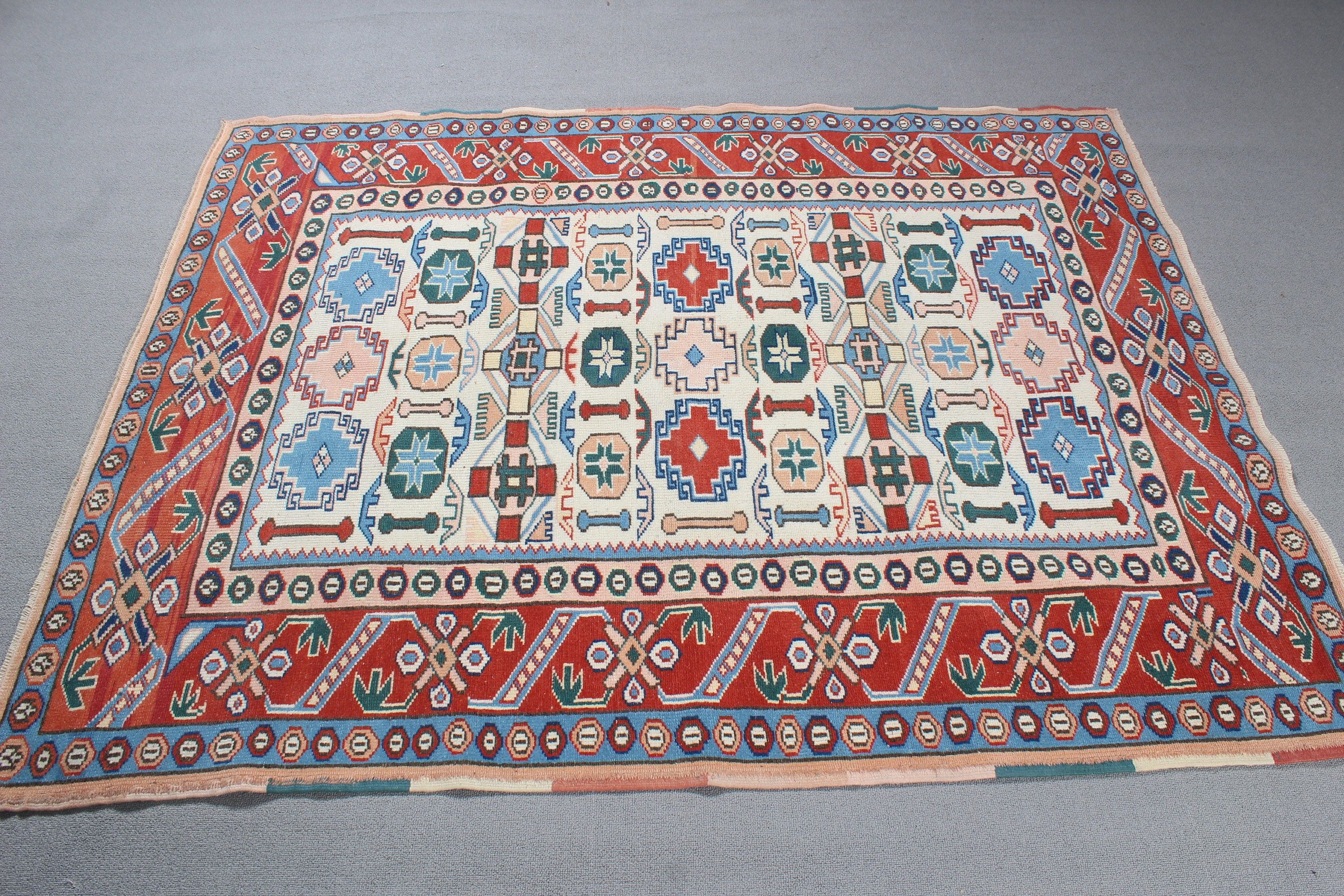 Vintage Halılar, Geometrik Halılar, 4,5x5,8 ft Alan Halısı, İç Mekan Halıları, Türk Halısı, Yemek Odası Halıları, Kırmızı Mutfak Halısı, El Dokuma Halılar