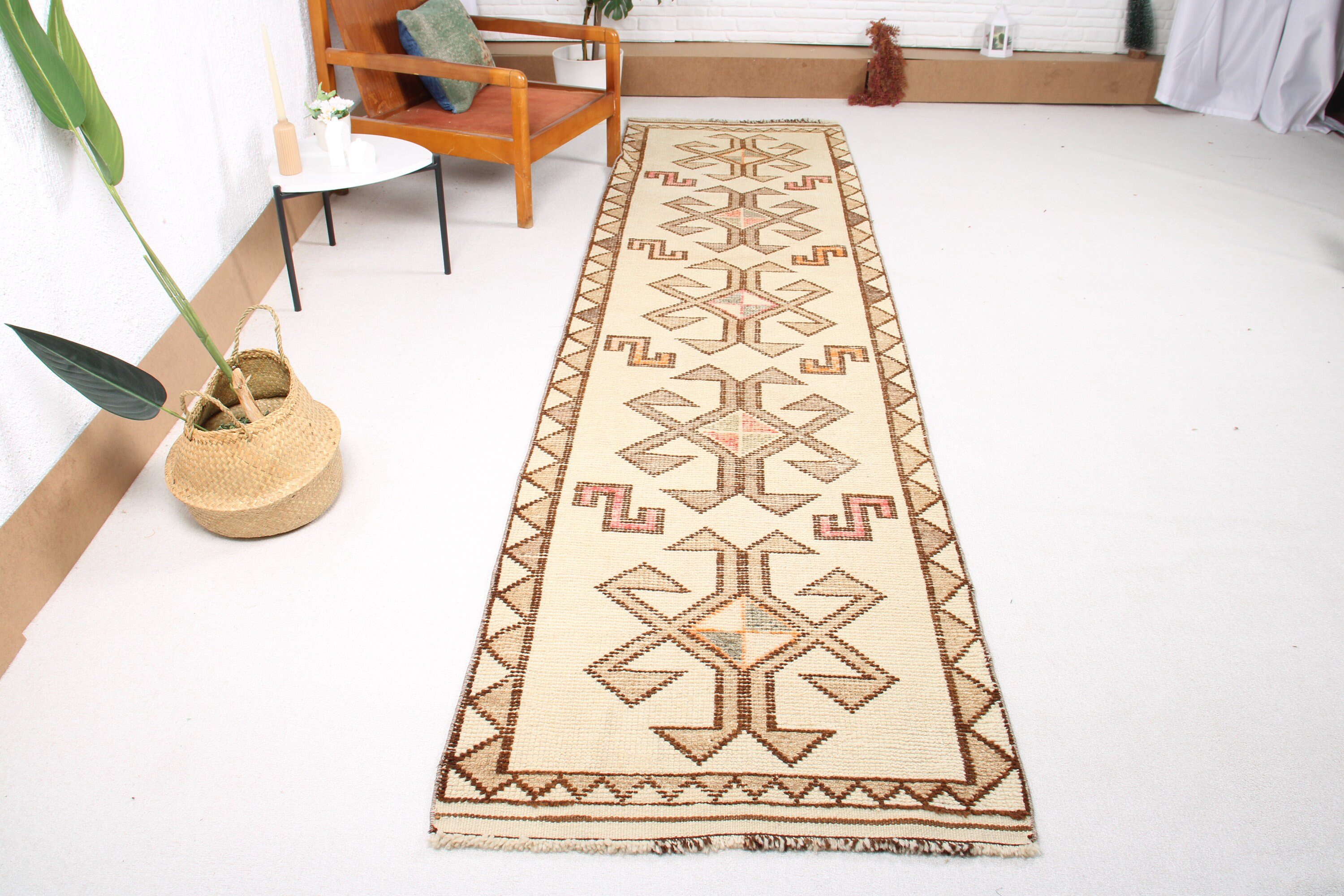 Vintage Halılar, Yün Halı, Pastel Halılar, Bej 3x11.1 ft Runner Halıları, Runner Halıları, Koridor Halısı, Türk Halısı, Anadolu Halısı