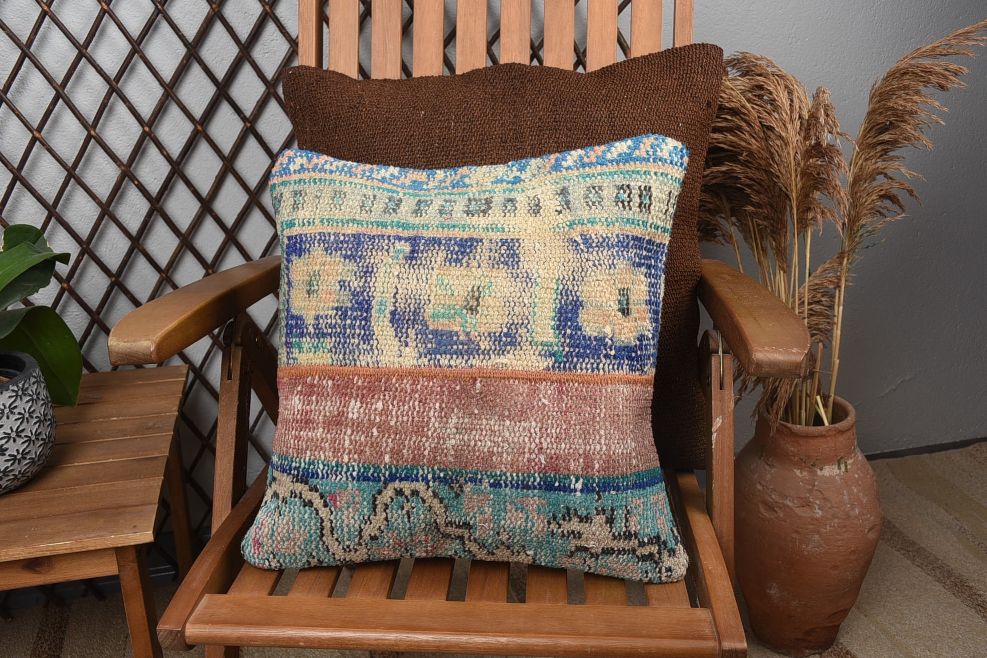 16"x16" Blue Pillow Cover, Decorative Pillow Cover, Ethnical Kilim Rug Pillow, Handmade Kilim Cushion, Pillow for Couch