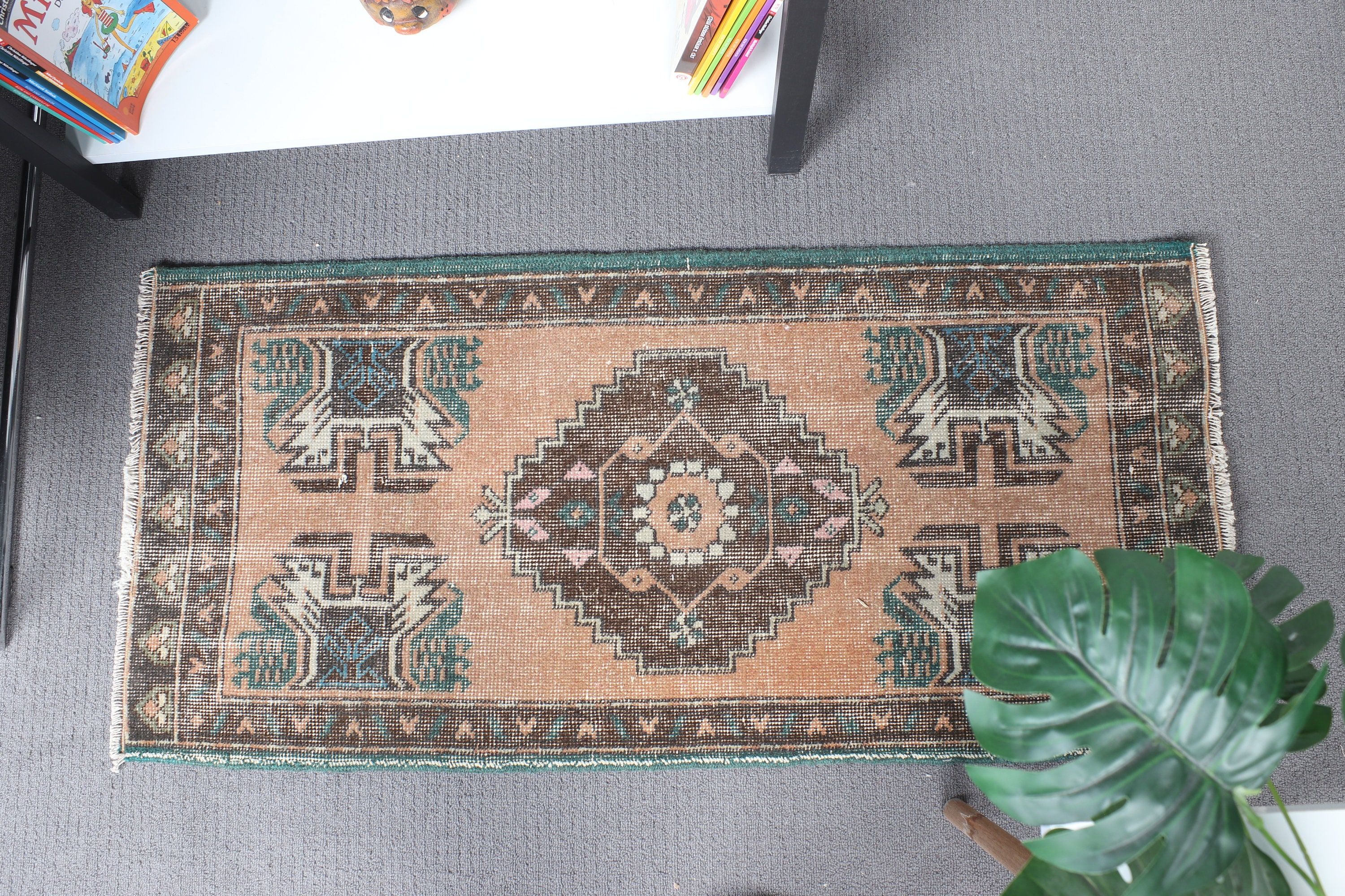 Vintage Halı, Mutfak Halıları, Kahverengi Açıklama Halısı, Fas Halısı, Türk Halıları, 1.6x3.4 ft Küçük Halılar, Küçük Vintage Halı, Kapı Paspası Halıları