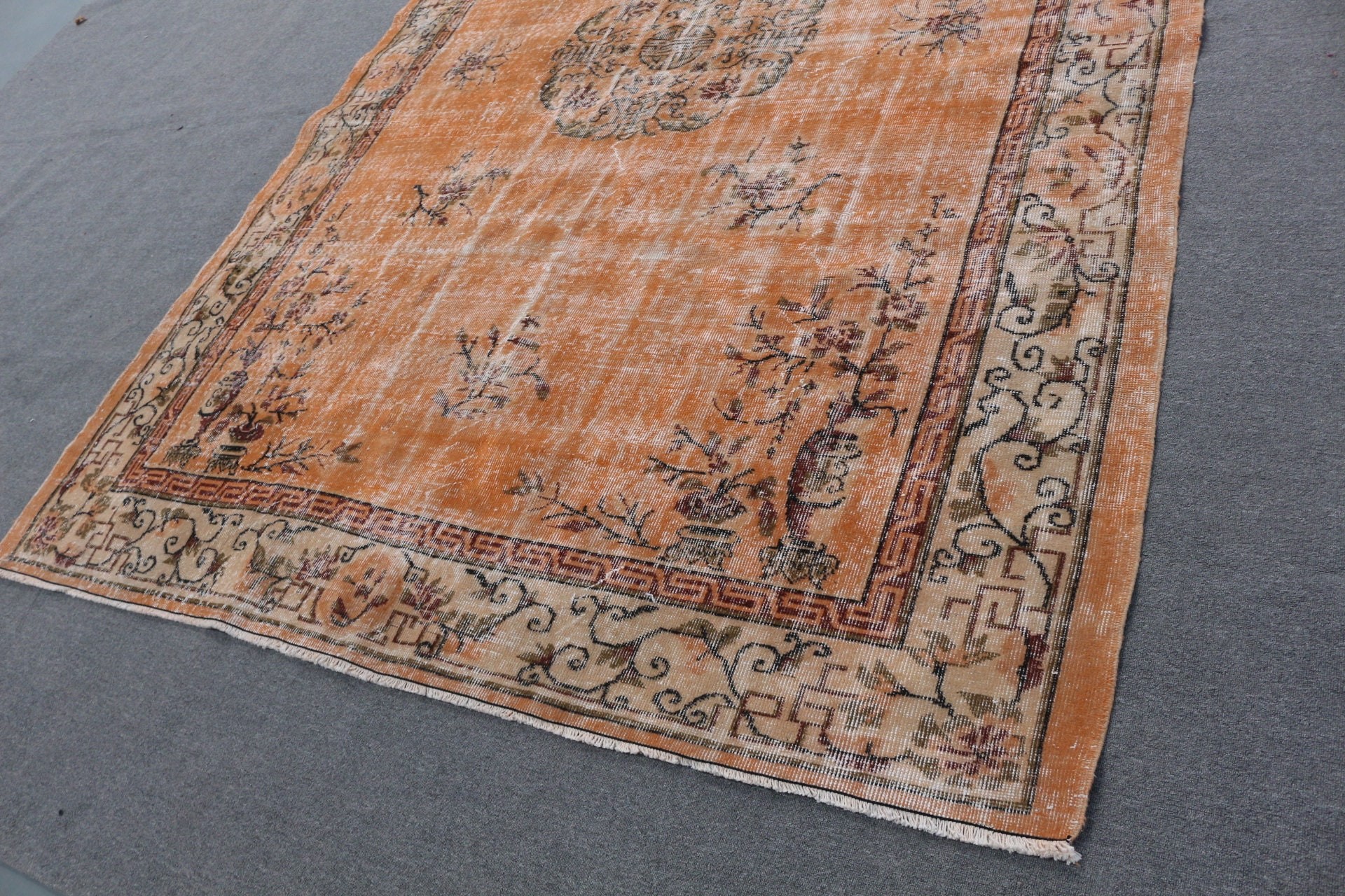 7.3x10.1 ft Oversize Rugs, Saloon Rug, Dining Room Rug, Oriental Rugs, Vintage Rug, Turkish Rug, Orange Home Decor Rugs, Bedroom Rug