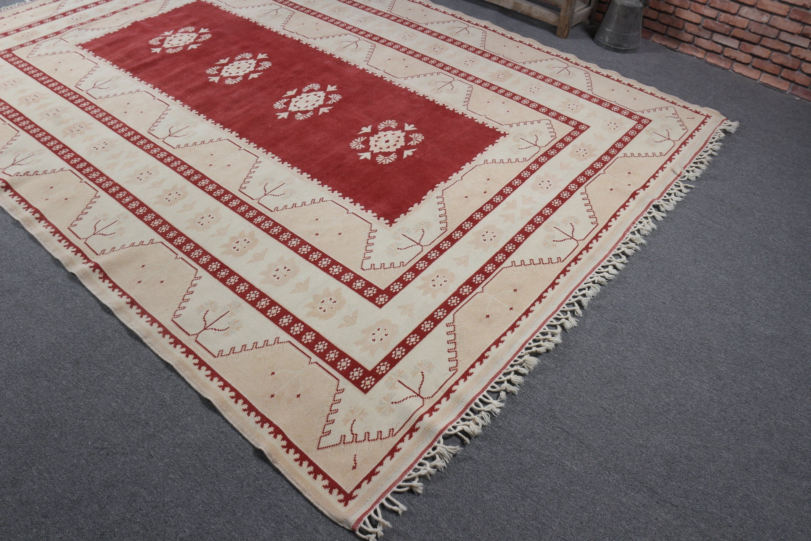 Türk Halıları, Büyük Oushak Halısı, Geometrik Halı, 6,6x8,8 ft Büyük Halı, Yemek Odası Halısı, Açıklama Halısı, Vintage Halılar, Bej Nötr Halılar