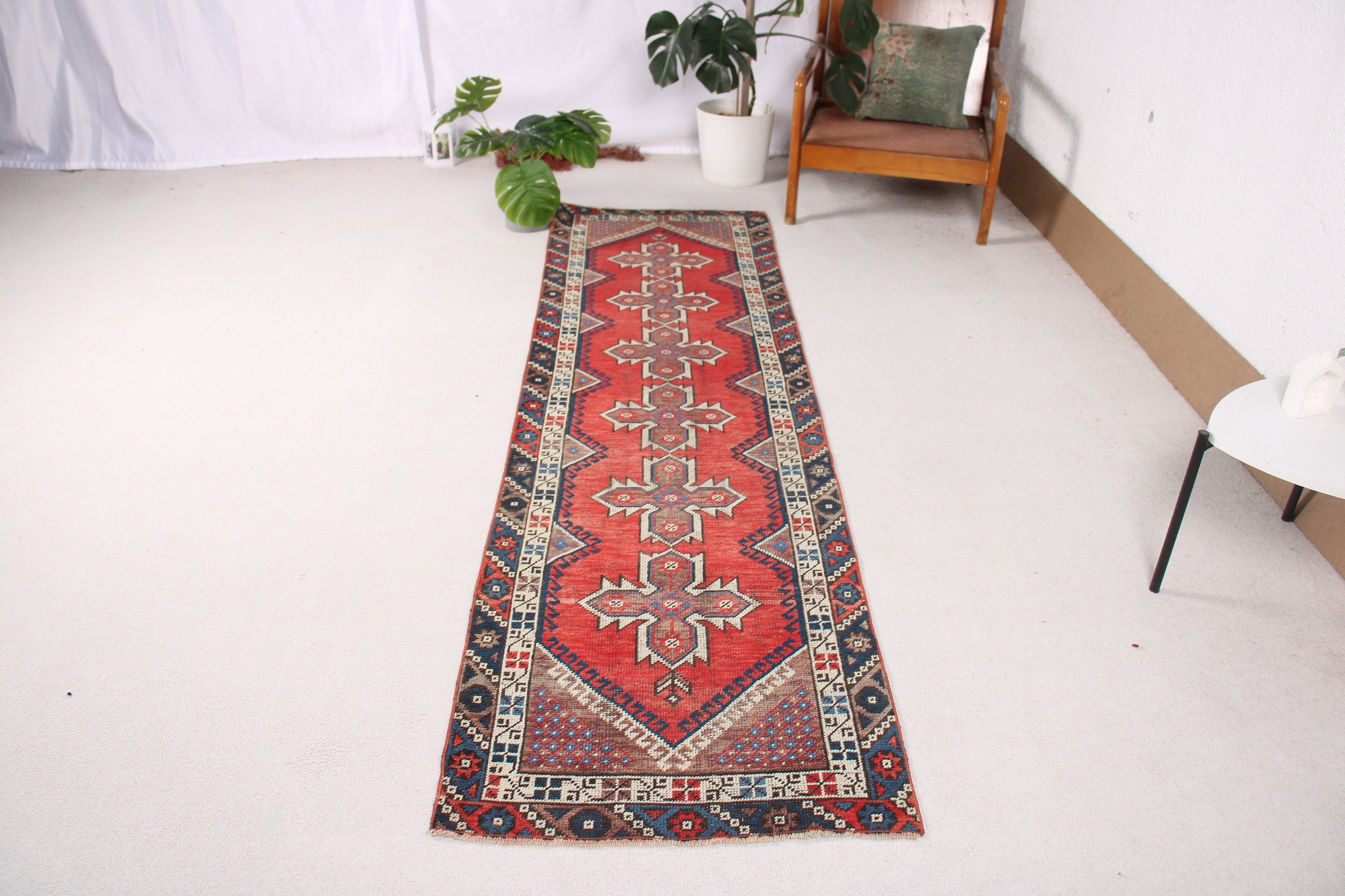 Wool Rug, Beni Ourain Runner Rug, Red Statement Rug, Floor Rugs, 2.4x8.4 ft Runner Rugs, Corridor Rugs, Turkish Rug, Vintage Rug, Aztec Rug