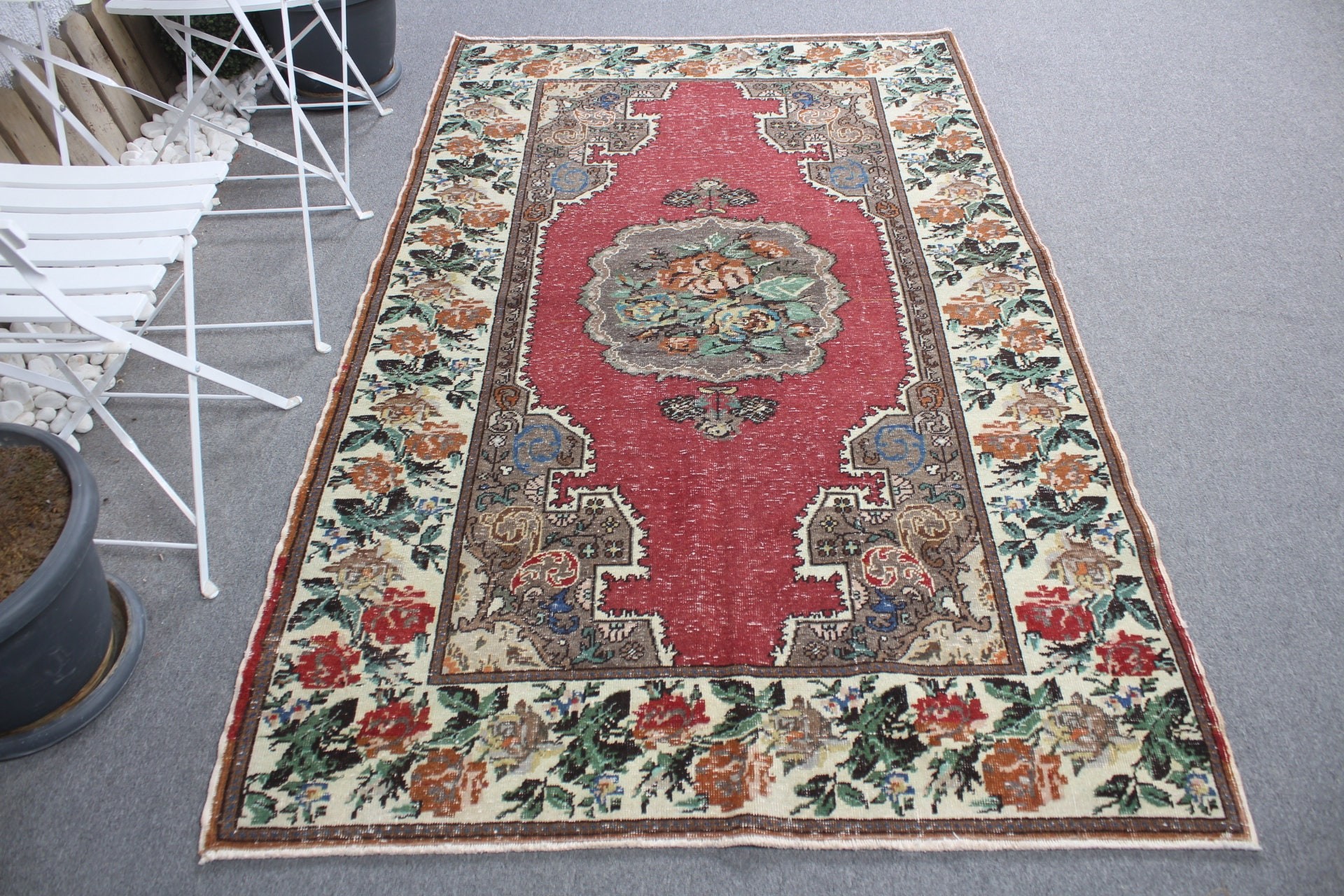 Türk Halısı, Oushak Halısı, Oturma Odası Halıları, Vintage Halı, Kırmızı Mutfak Halıları, Yer Halısı, 4.3x7.3 ft Alan Halısı, Havalı Halı, Oturma Odası Halıları