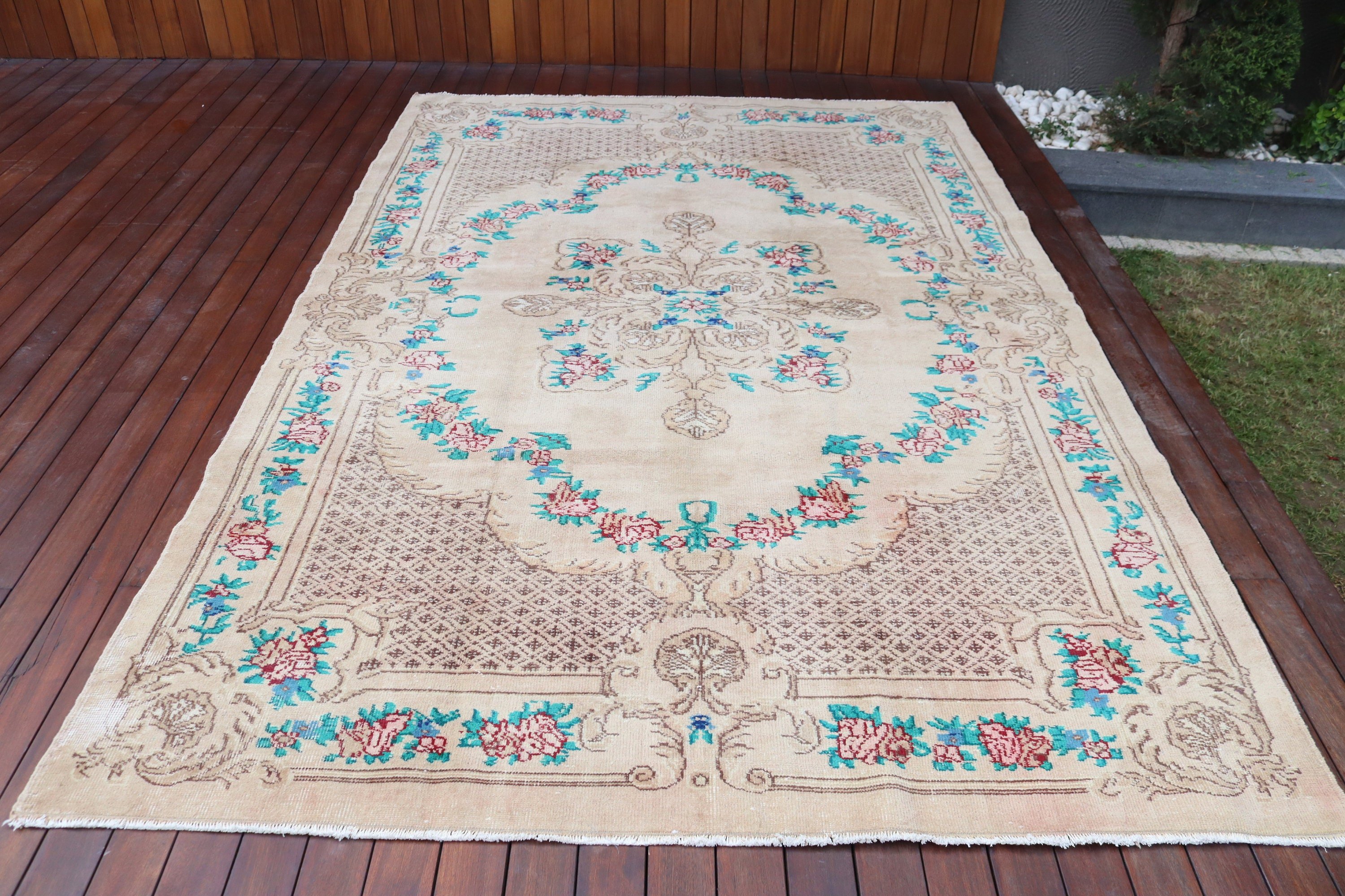 Bej 6.2x9.5 ft Büyük Halı, Lüks Halı, Salon Halıları, Vintage Halılar, Türk Halısı, Oryantal Halı, Yemek Odası Halıları, Düz Dokuma Halılar