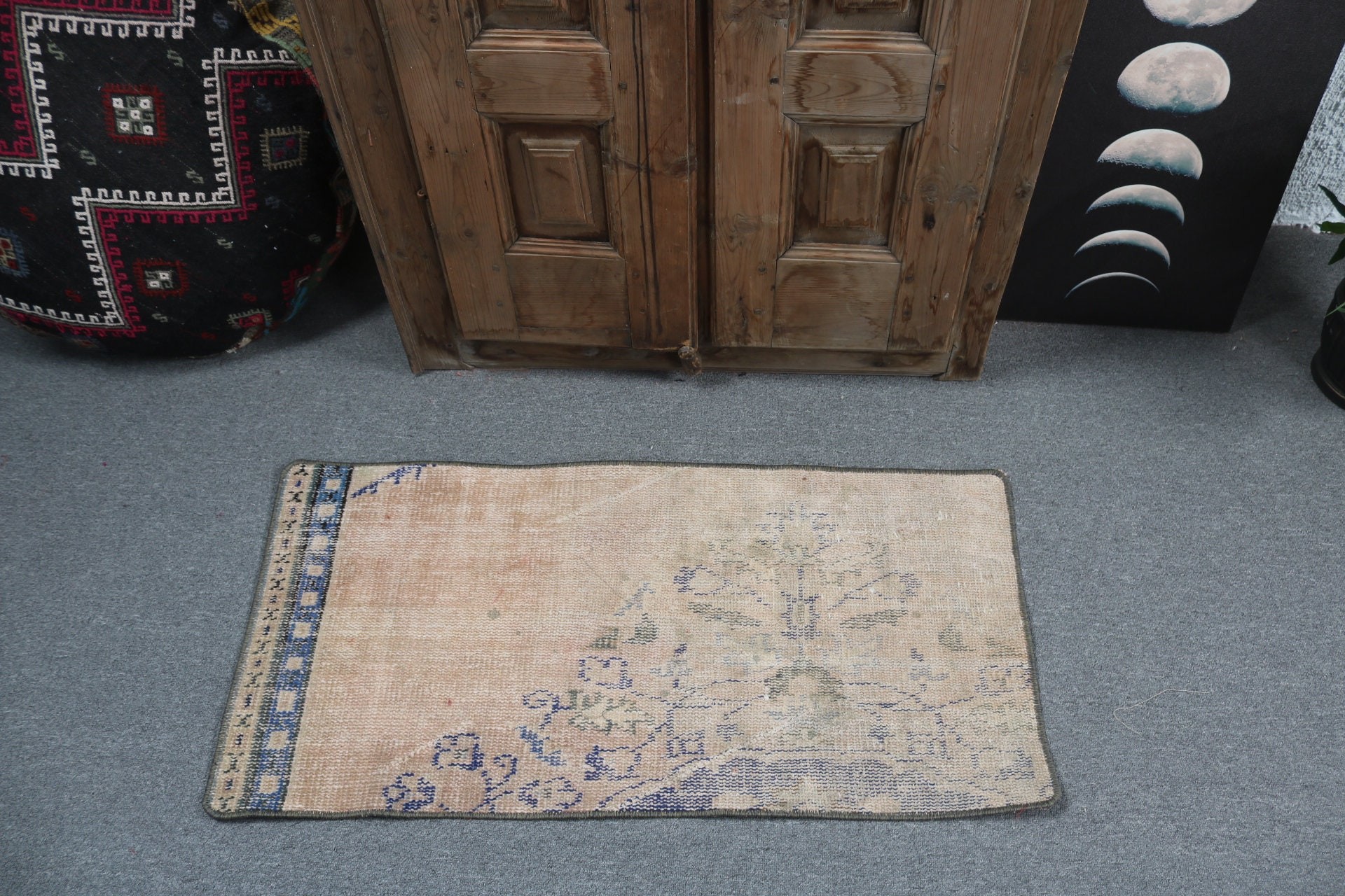 Banyo Halısı, Türk Halıları, Banyo Halıları, Vintage Halılar, Küçük Boho Halısı, Oushak Halıları, Bej 1.7x3.3 ft Küçük Halı