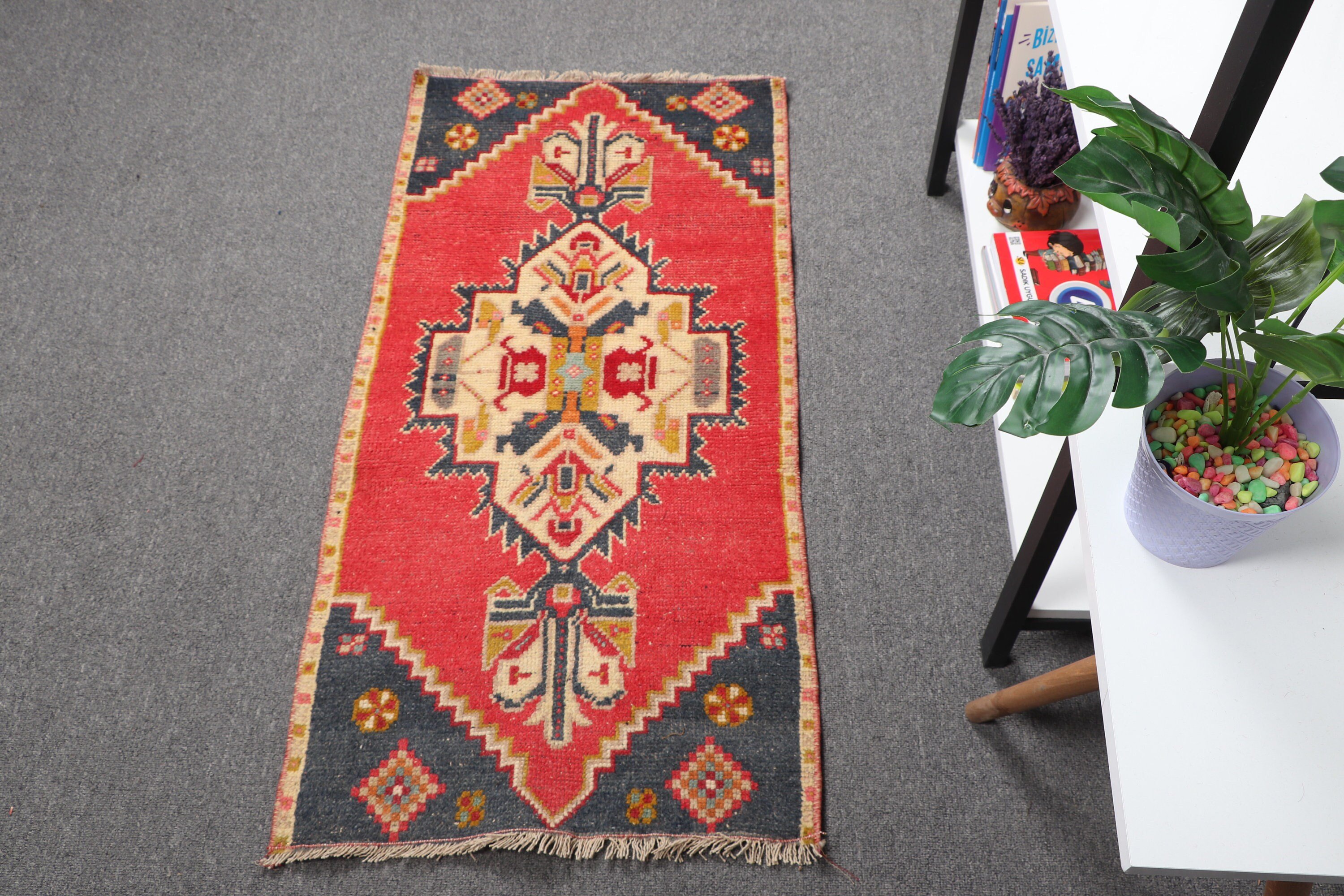 Vintage Rugs, Floor Rugs, Turkish Rugs, Car Mat Rug, Moroccan Rug, Wall Hanging Rug, 1.7x3.5 ft Small Rug, Bright Rugs, Red Kitchen Rugs