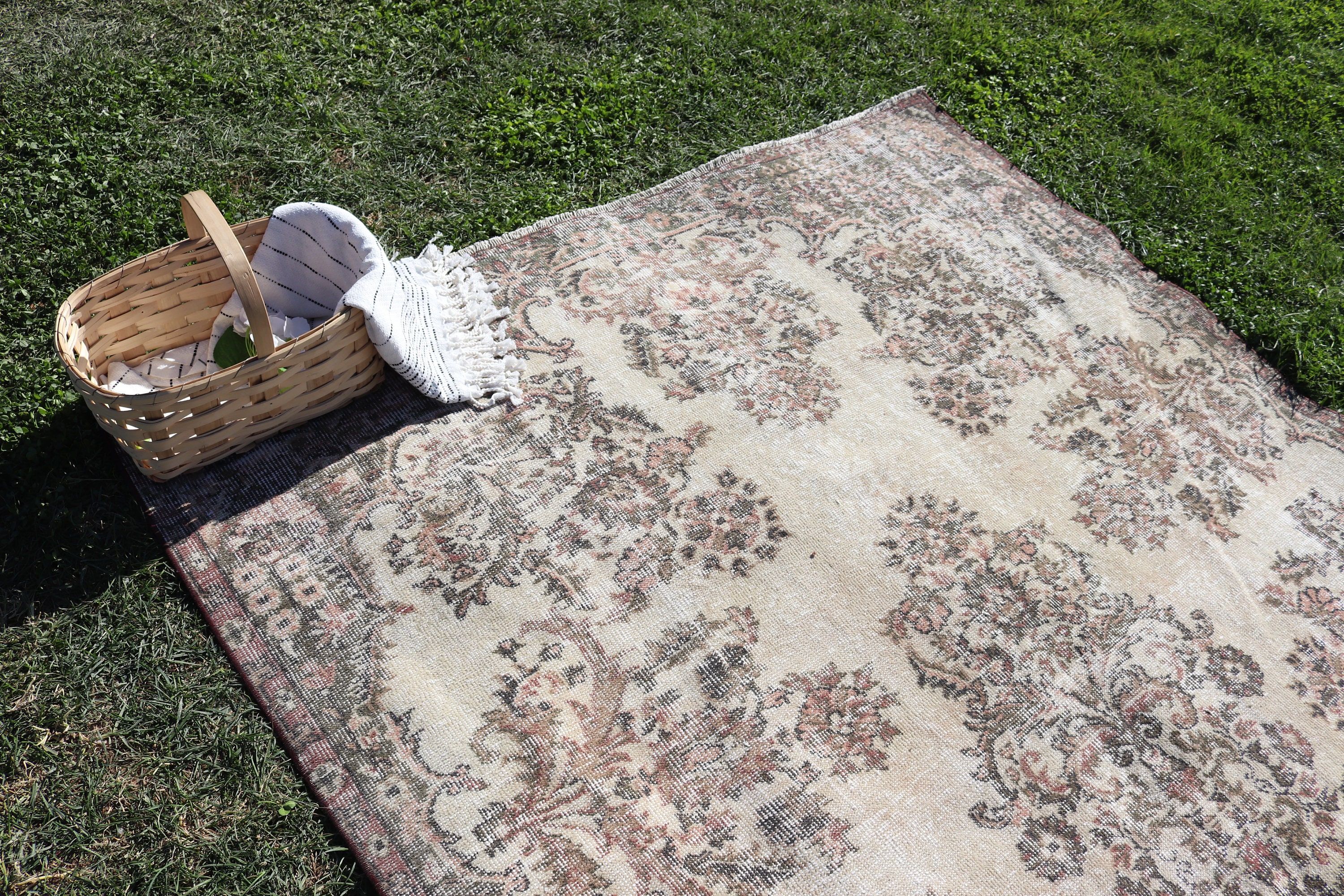 Mutfak Halıları, Türk Halısı, Bej Yün Halılar, Etnik Halılar, Vintage Halılar, Yatak Odası Halısı, 5.5x8.7 ft Büyük Halı, Büyük Oushak Halıları