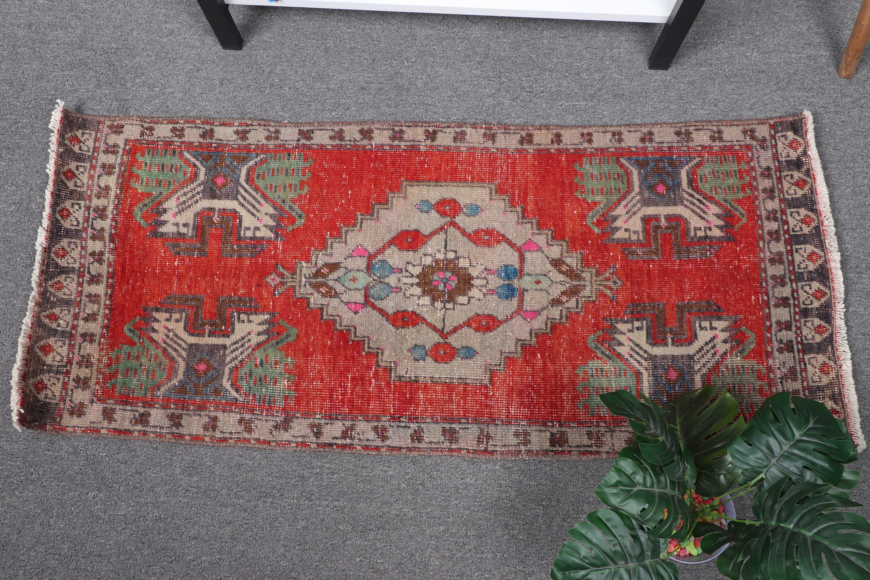 1.7x3.9 ft Small Rugs, Vintage Rug, Floor Rug, Wall Hanging Rugs, Abstract Rugs, Antique Rug, Turkish Rug, Kitchen Rug, Red Moroccan Rug