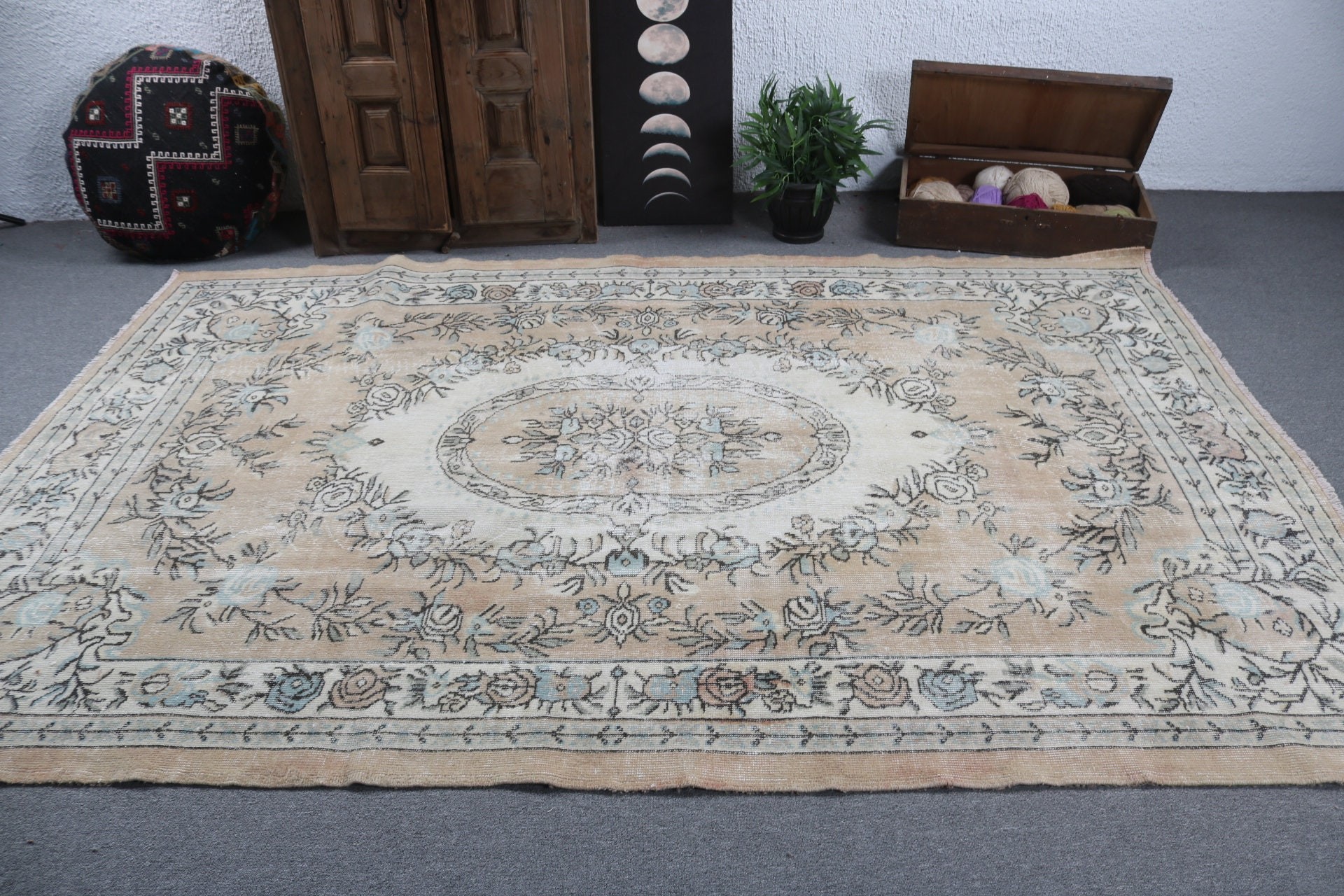 Bej Antika Halı, Vintage Halı, Yatak Odası Halısı, Lüks Halılar, Türk Halısı, Büyük Oushak Halısı, 6.2x9.4 ft Büyük Halı, Nötr Halı, Oturma Odası Halısı