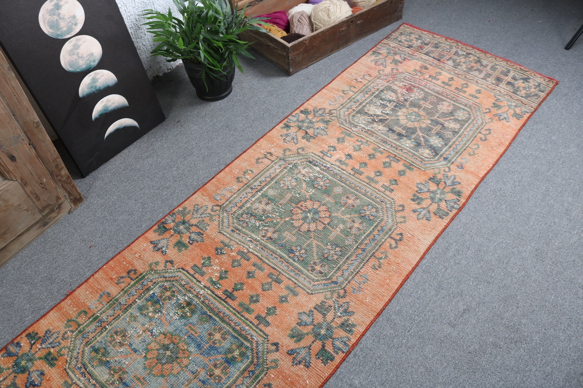 Mutfak Halıları, 2,5x11,6 ft Runner Halıları, Vintage Runner Halıları, Turuncu Havalı Halılar, Türk Halıları, Oushak Halısı, Vintage Halılar, Boho Halıları