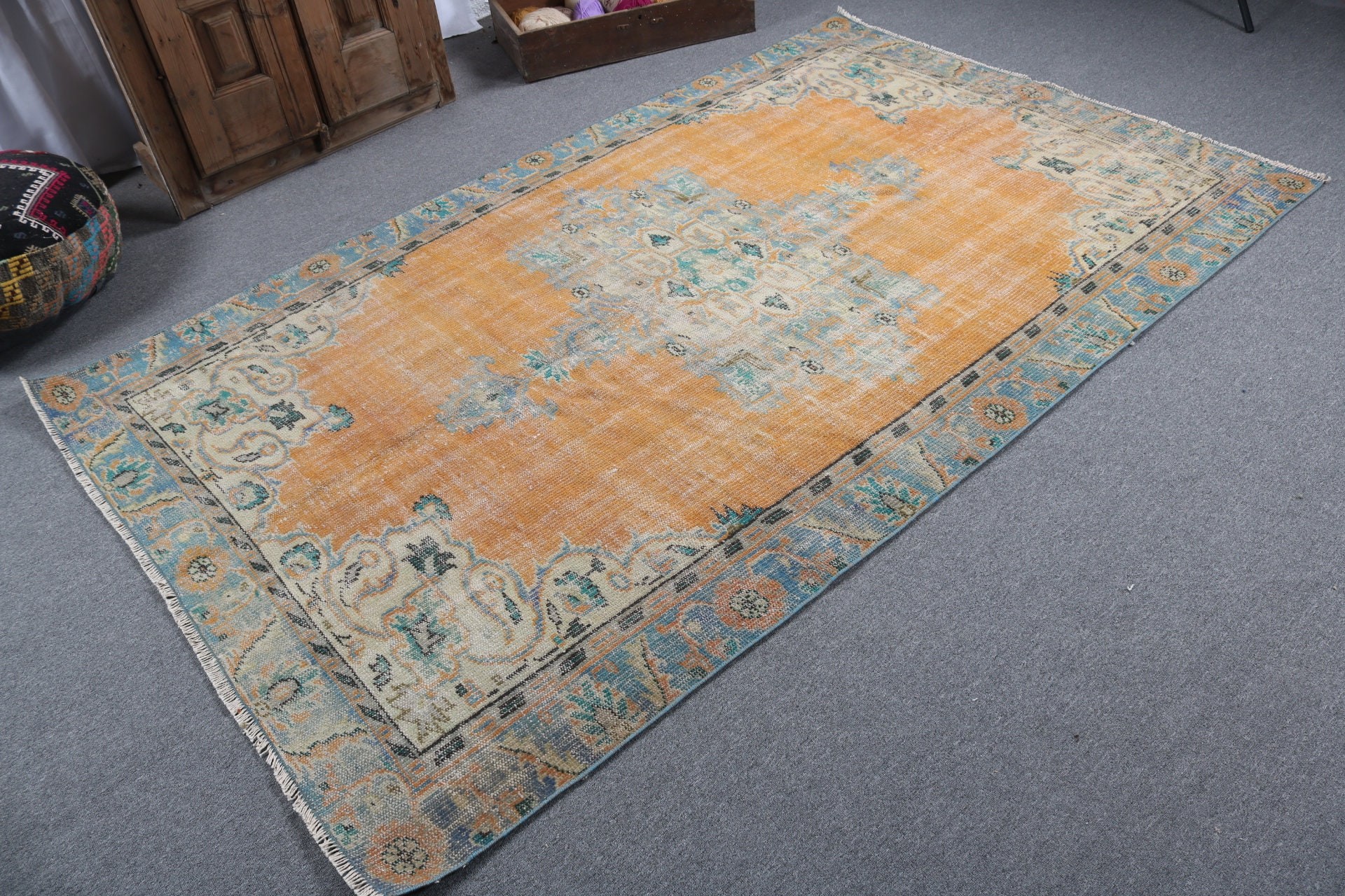 Türk Halıları, Boho Halısı, Salon Halısı, Büyük Oushak Halıları, Nötr Halı, Vintage Halı, 5,1x8,1 ft Büyük Halılar, Ev Dekor Halısı, Turuncu Oryantal Halı