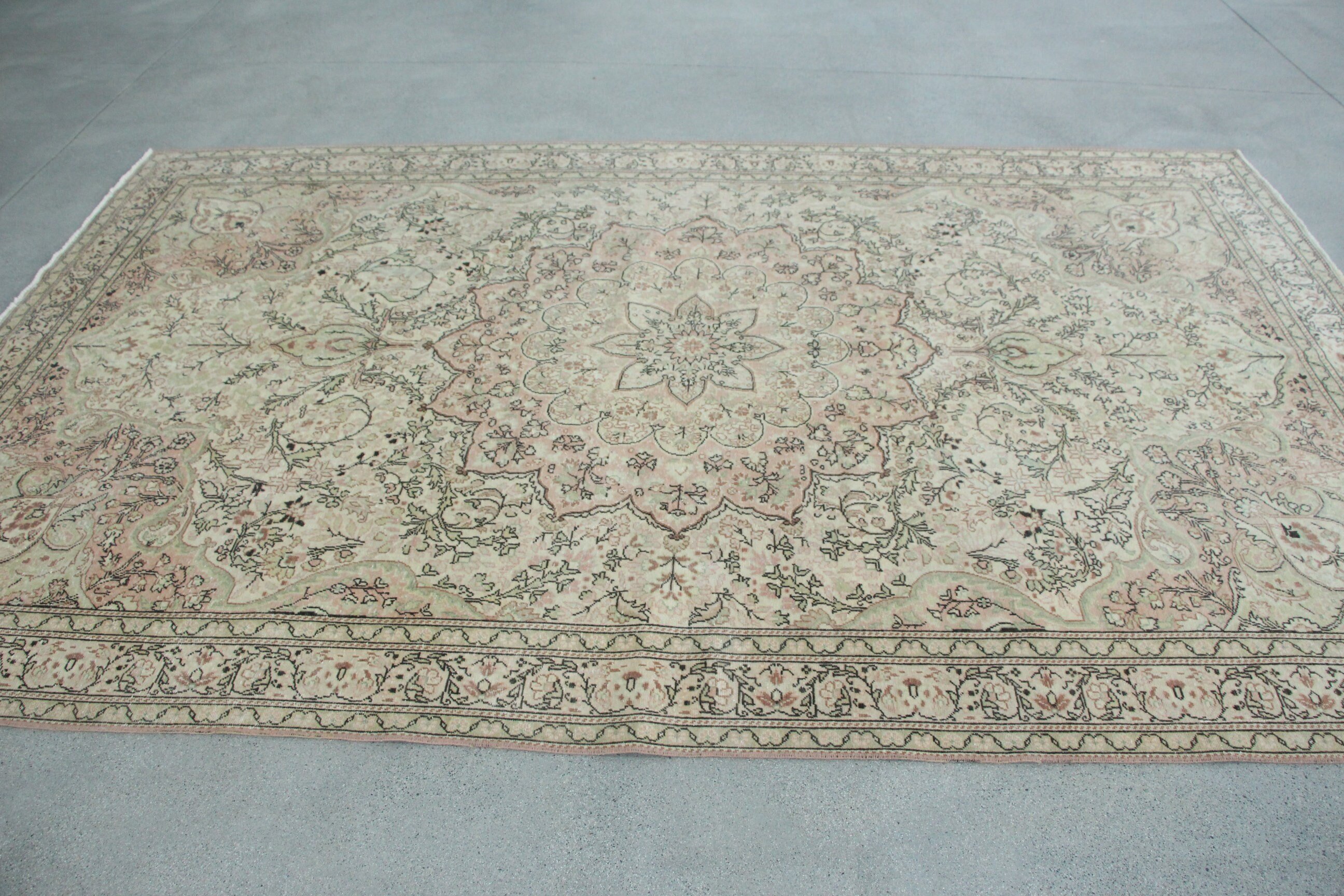 Türk Halıları, Mutfak Halısı, Yemek Odası Halıları, Salon Halıları, Yeşil Oushak Halıları, Vintage Halı, 6.4x10.1 ft Büyük Halı, Soluk Halılar