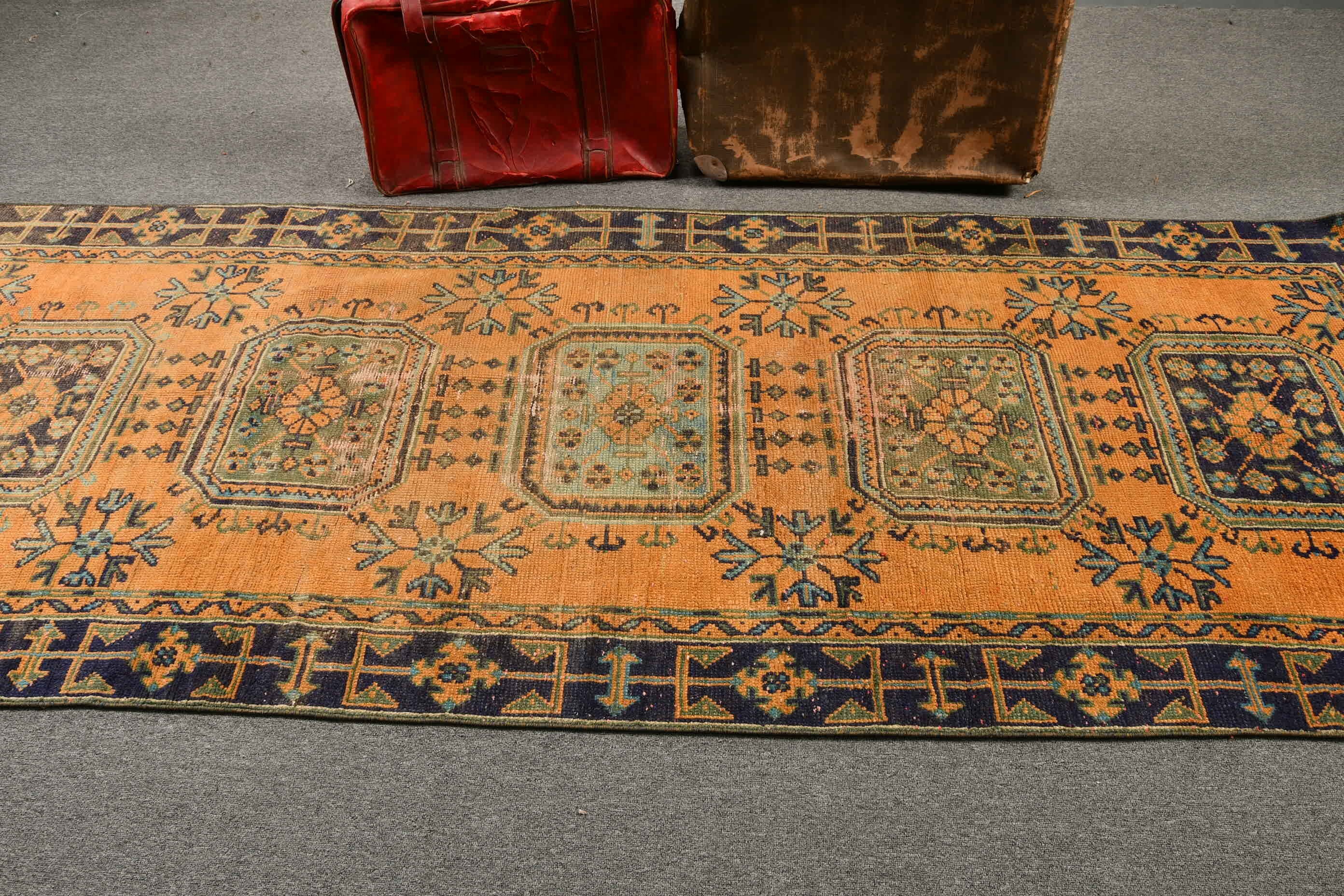 Wool Rug, Corridor Rug, Vintage Rugs, Orange Antique Rug, 3.8x9.7 ft Runner Rug, Rugs for Runner, Moroccan Rug, Turkish Rugs, Kitchen Rug