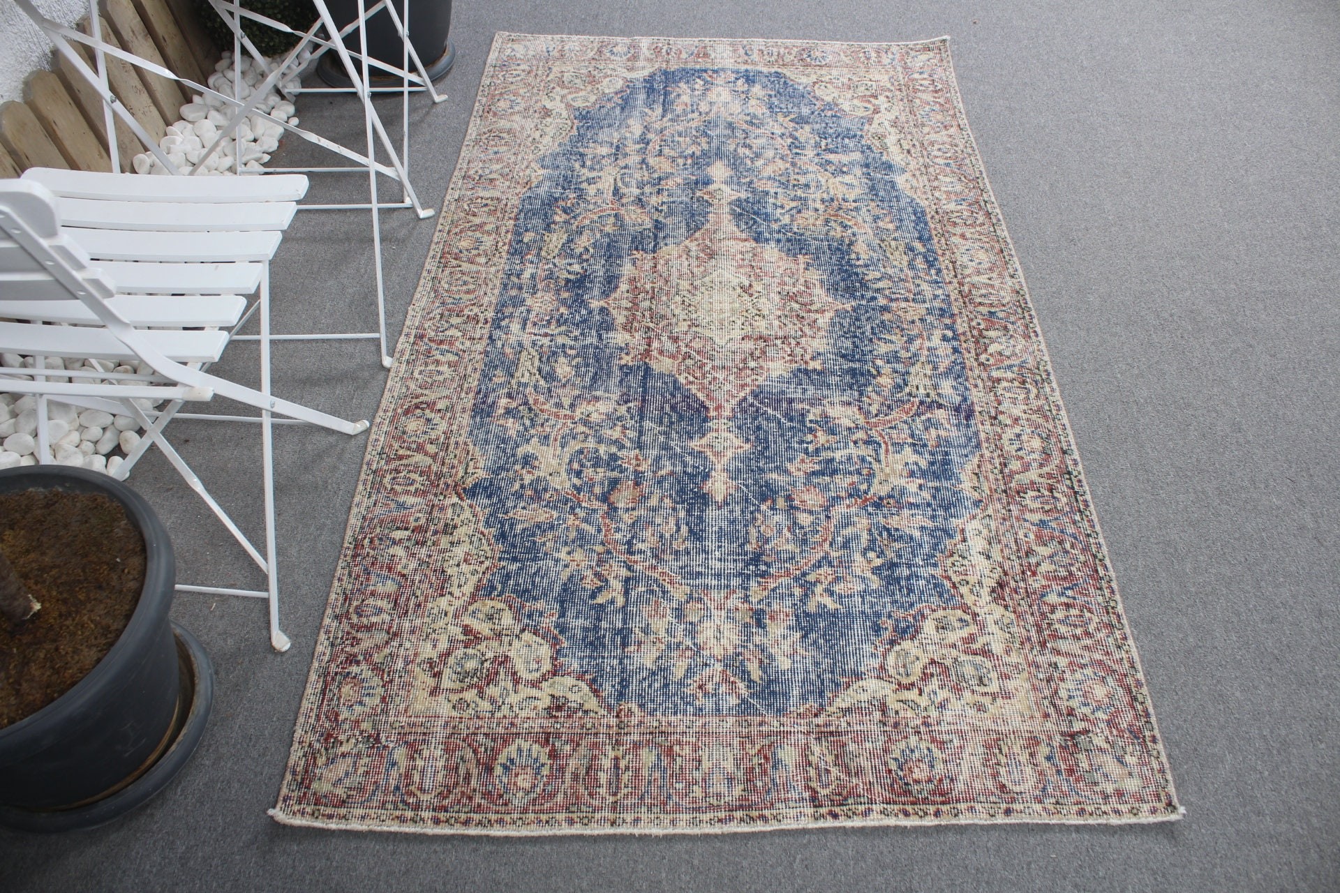 Yatak Odası Halısı, El Dokuma Halısı, Vintage Halılar, Mavi Oushak Halıları, Mutfak Halısı, 3.7x6.5 ft Alan Halıları, Türk Halısı, Oturma Odası Halısı