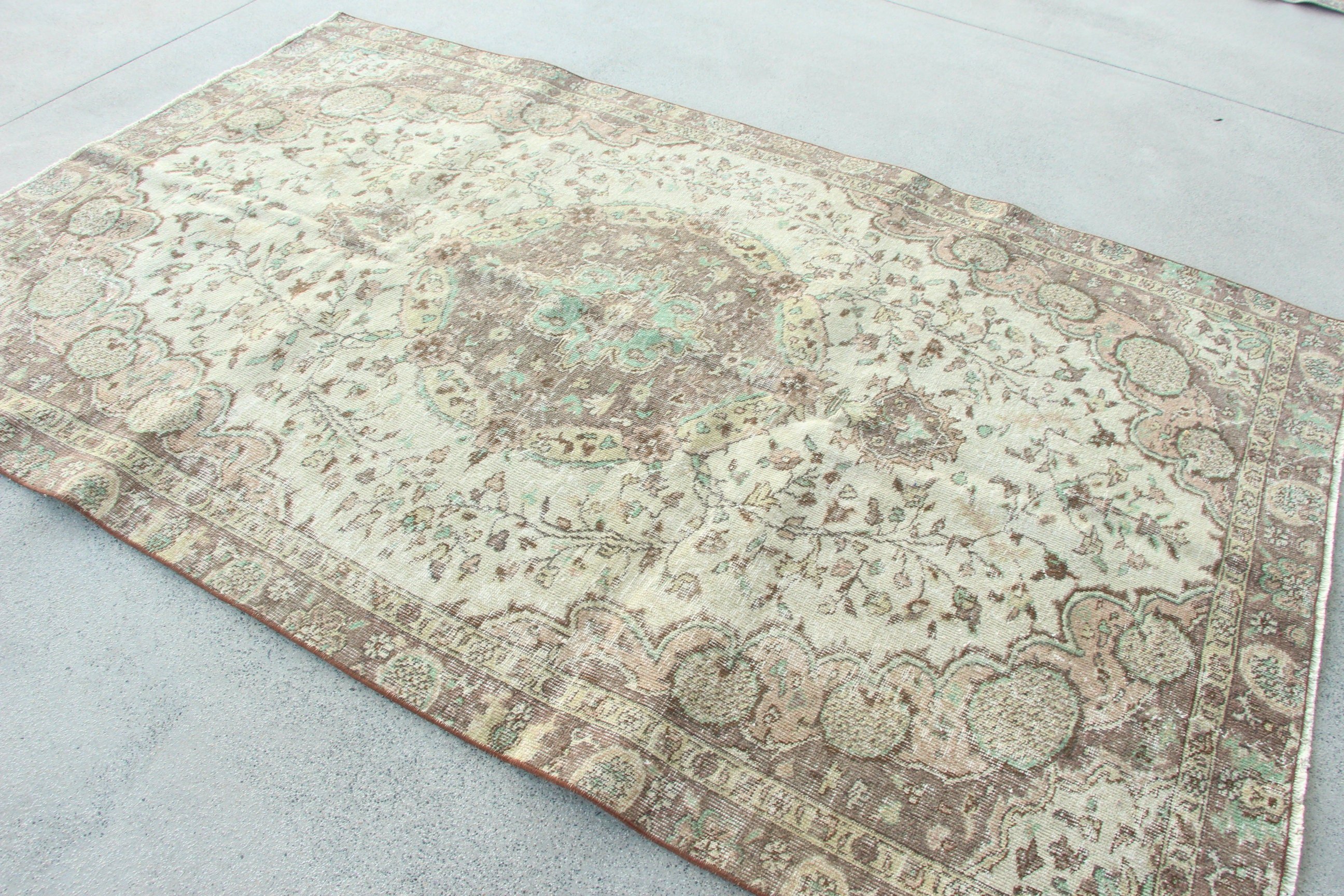 5.3x8.5 ft Büyük Halılar, Bej Yer Halıları, Bohem Halısı, Türk Halısı, Vintage Halılar, Yün Halı, Büyük Oushak Halısı, Boho Halıları, Oturma Odası Halıları