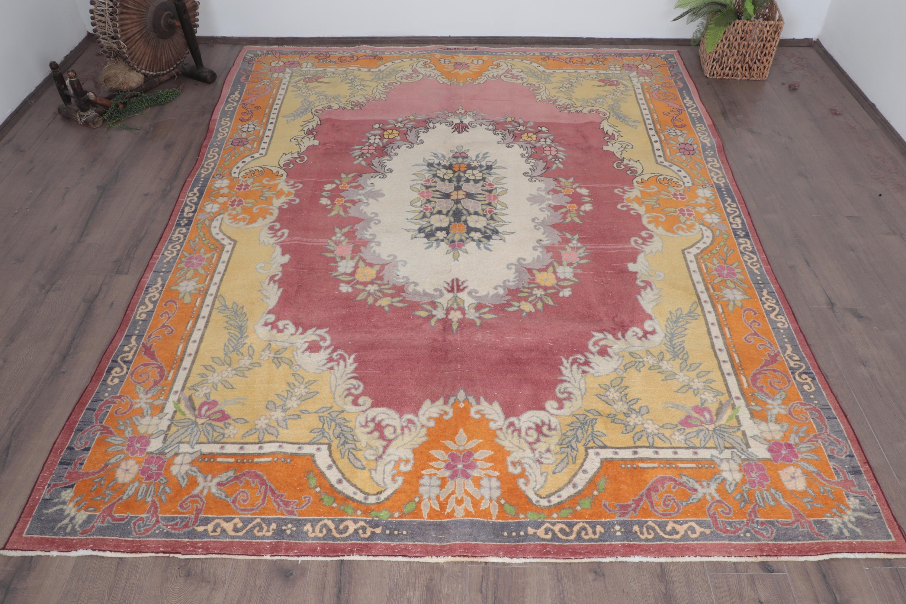 Boho Halı, Sarı Antika Halı, Nötr Halılar, Büyük Boy Türk Halısı, 7.3x9.7 ft Büyük Boy Halılar, Türk Halıları, Vintage Halılar, Yemek Odası Halısı