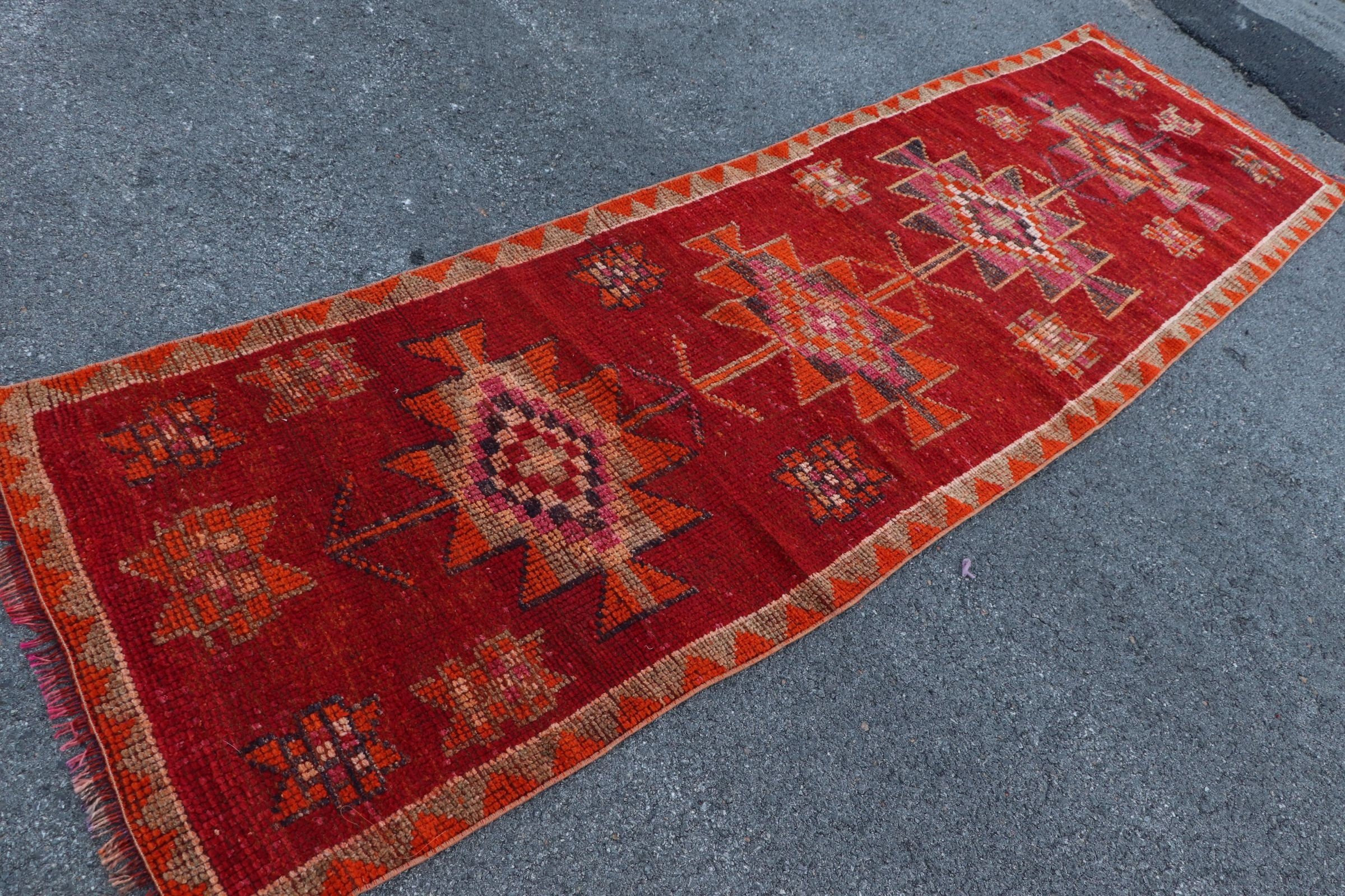 Red Oriental Rugs, Turkish Rug, Rugs for Runner, Anatolian Rug, 3x10.2 ft Runner Rug, Corridor Rug, Vintage Rug, Bright Rug, Floor Rugs