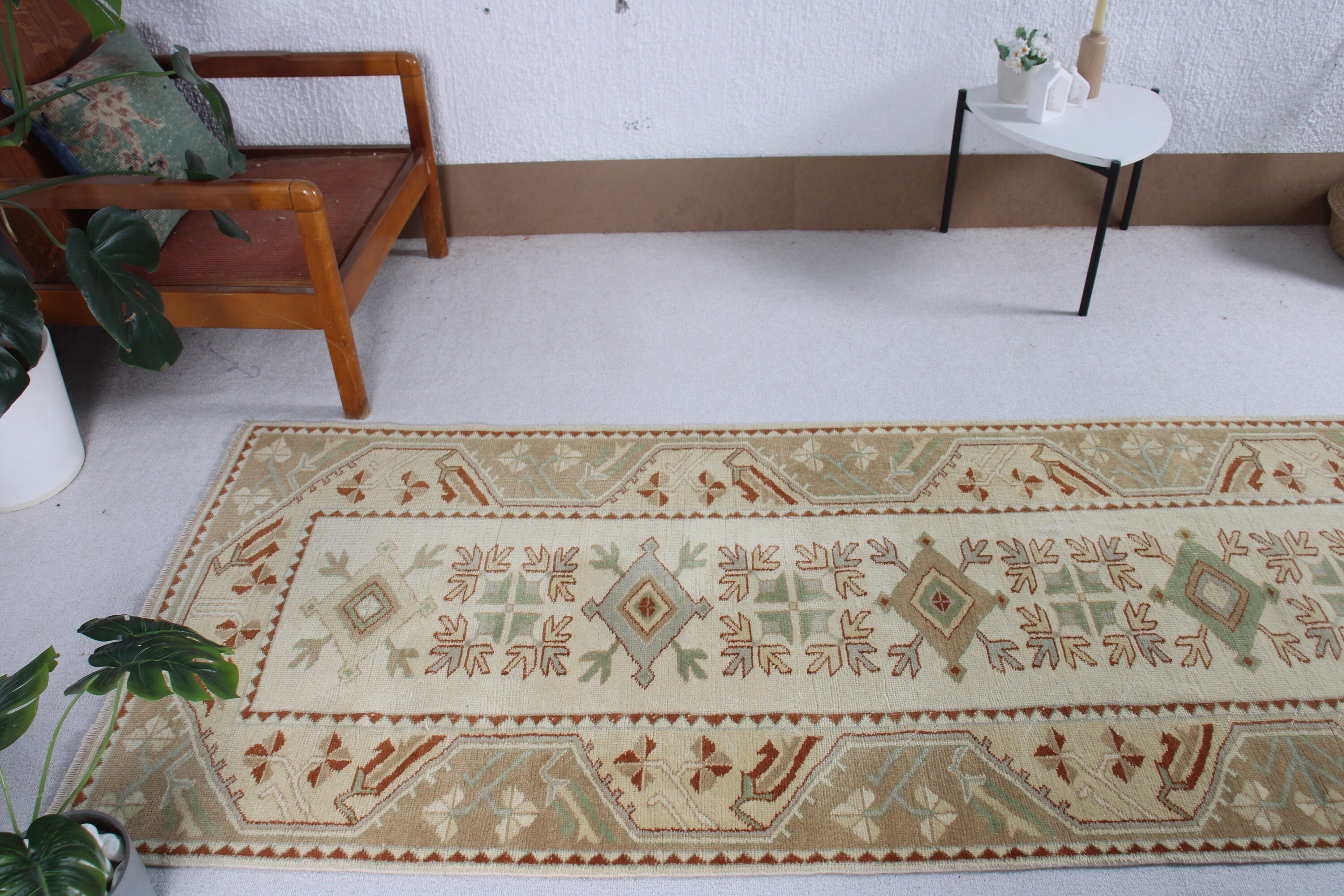 Bej El Dokuma Halılar, Ev Dekorasyonu Halısı, Koridor Halıları, 3x11.5 ft Runner Halısı, Türk Halıları, Vintage Runner Halıları, Oushak Halısı, Vintage Halı