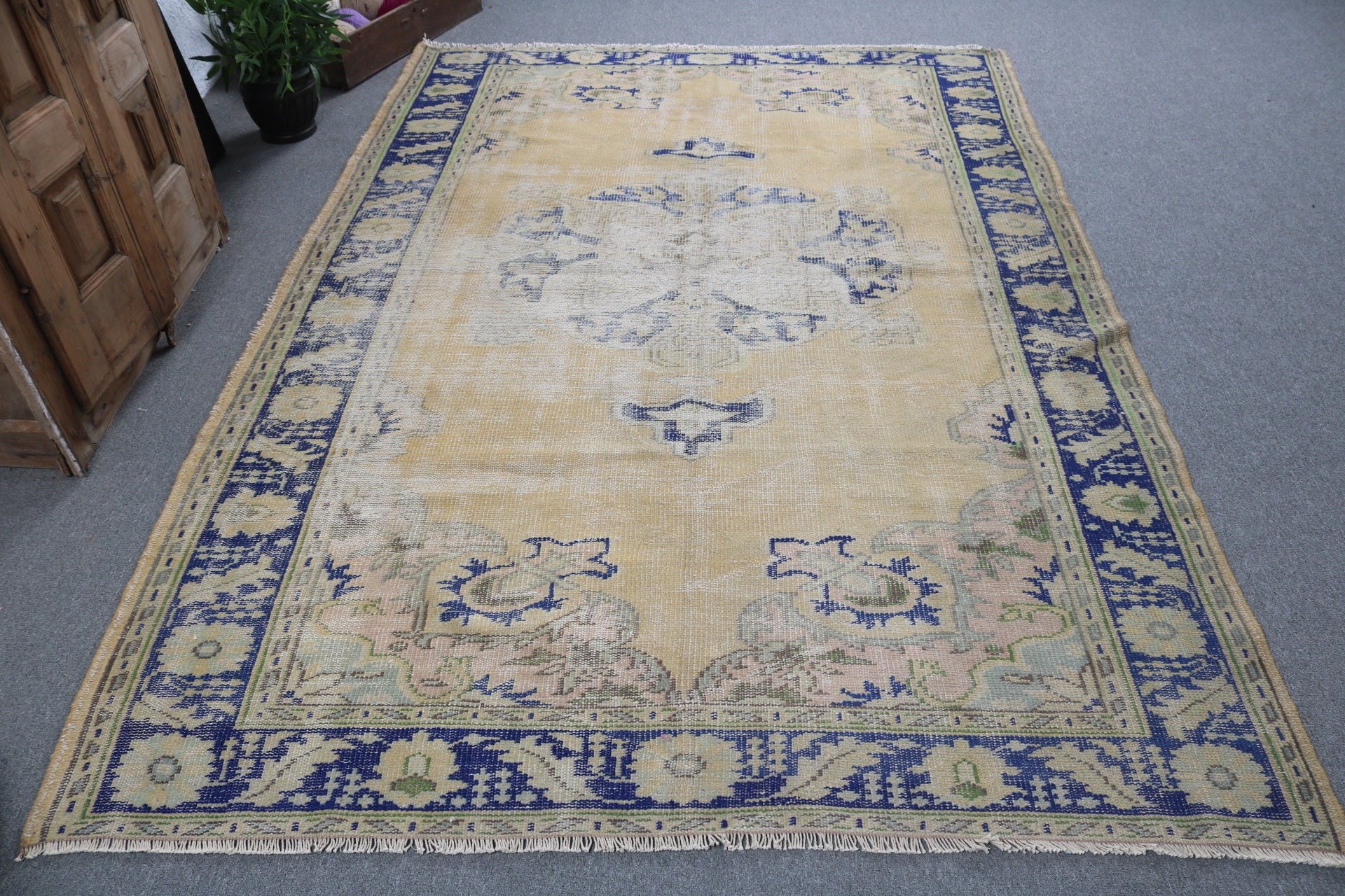 Sarı Açıklama Halıları, Yemek Odası Halısı, 5.9x8.7 ft Büyük Halılar, Vintage Halı, Büyük Vintage Halılar, Türk Halıları, Anadolu Halısı, Ev Dekorasyonu Halısı