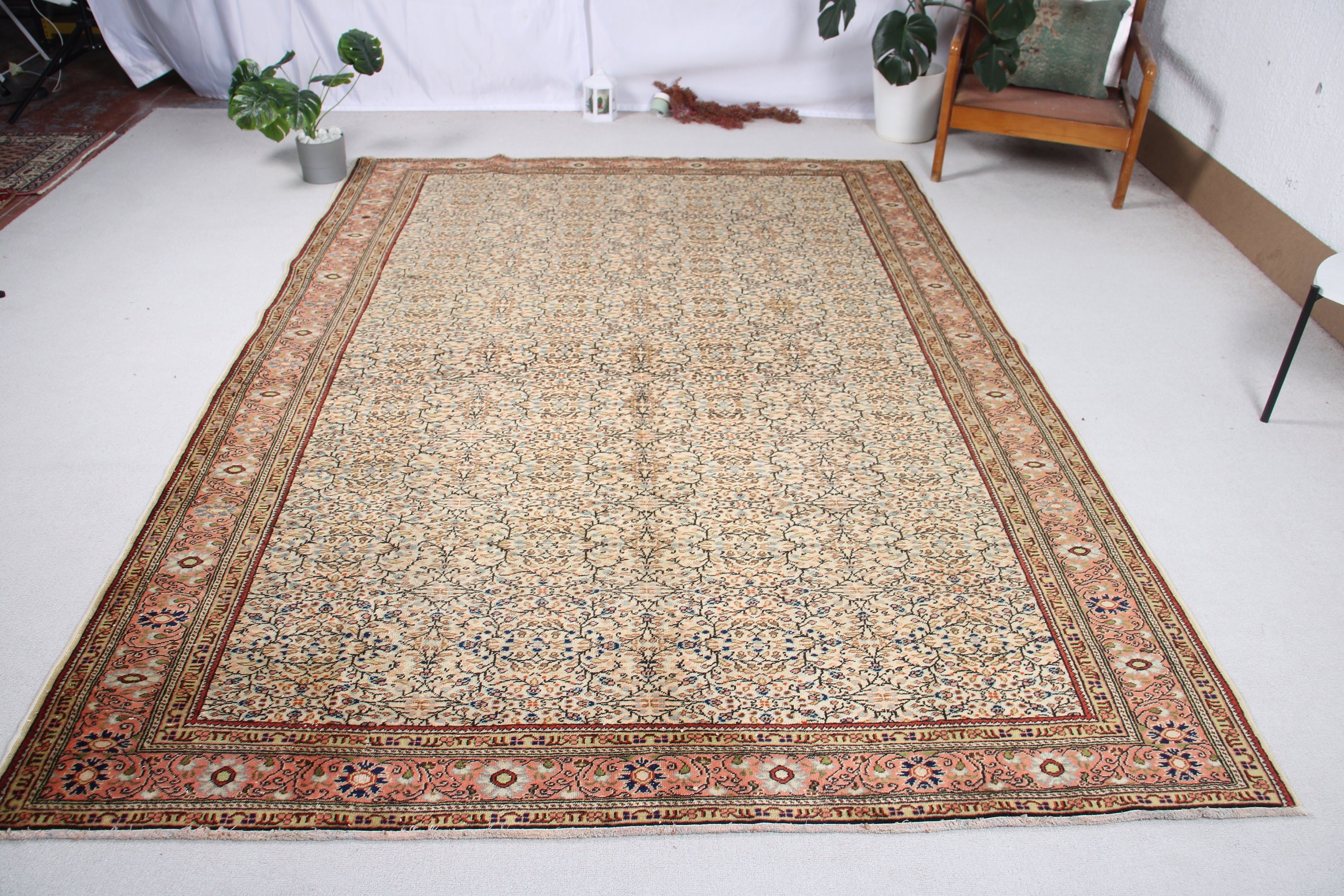 Bej Yer Halıları, Düz Dokuma Halı, Türk Halıları, Nötr Halılar, Vintage Halı, 6,5x9,5 ft Büyük Halı, Büyük Boho Halısı, Büyük Oushak Halıları