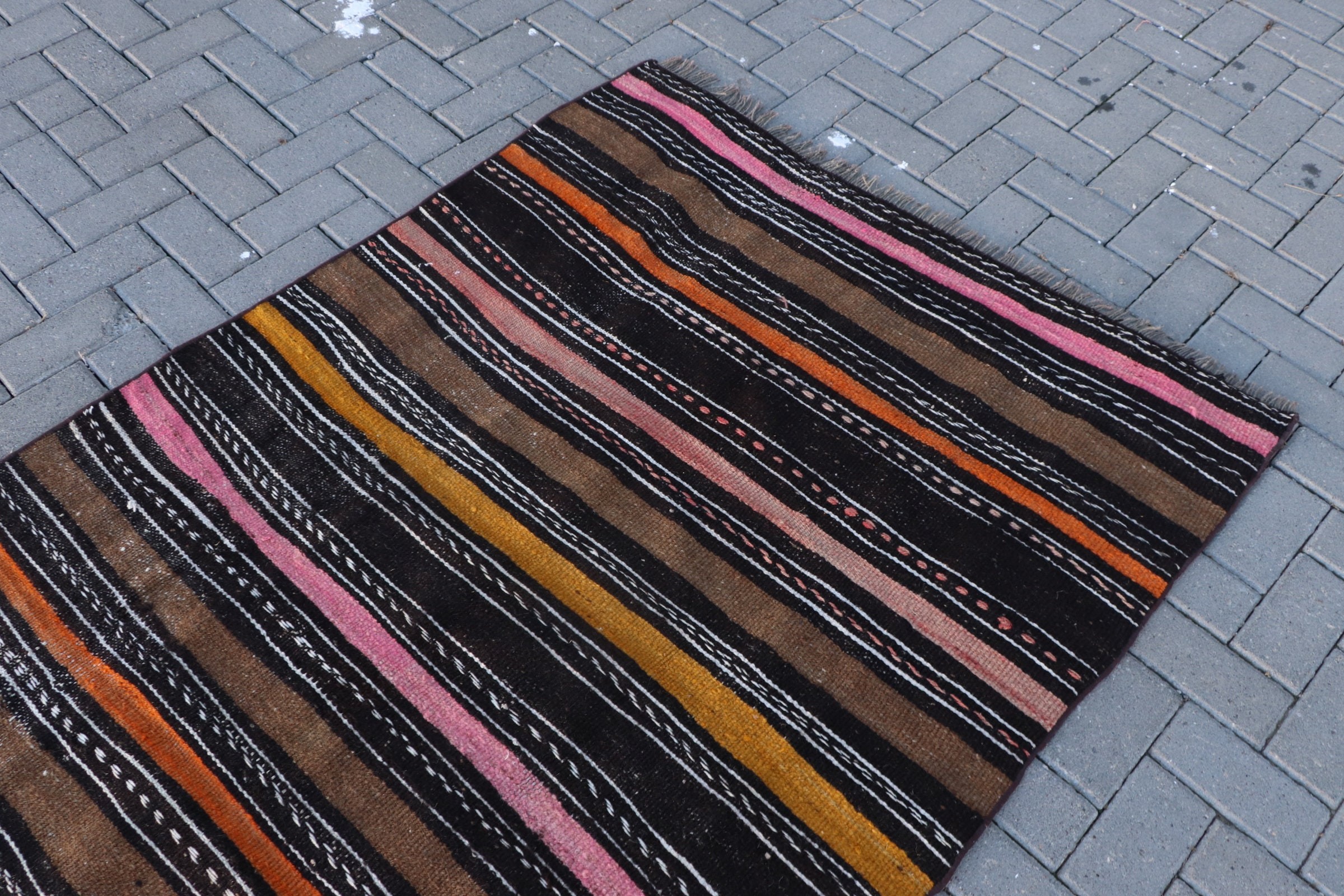 Turkish Rug, Indoor Rugs, Floor Rugs, Kilim, Oriental Rug, Retro Rug, Black  4x8.5 ft Area Rug, Vintage Rug