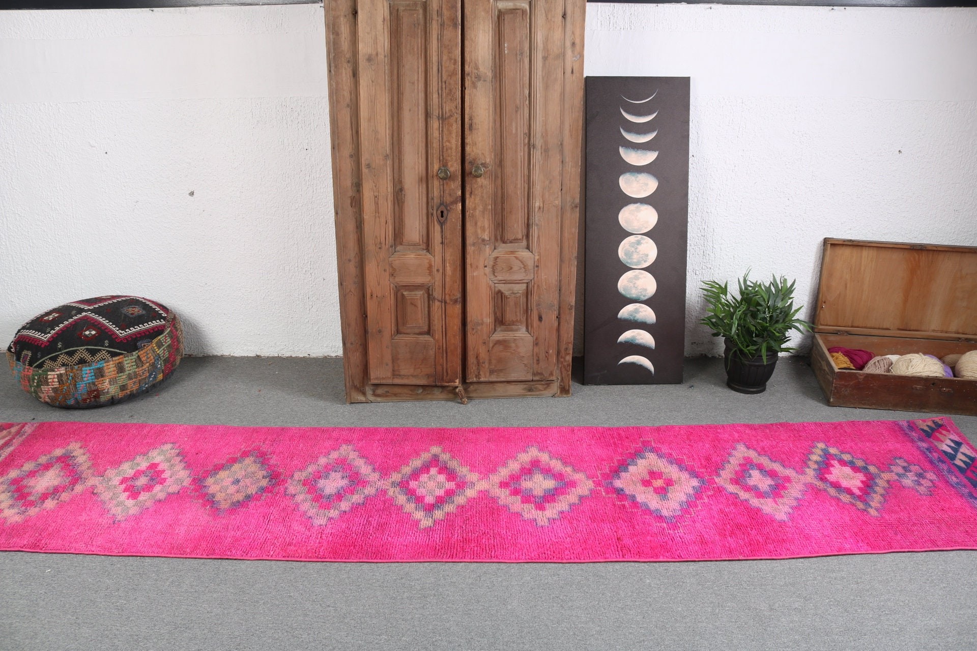 Vintage Halı, 2.5x11.5 ft Runner Halı, Türk Halıları, Düz Dokuma Halılar, Pembe Ev Dekor Halıları, Vintage Runner Halı, Koridor Halıları, Yer Halısı