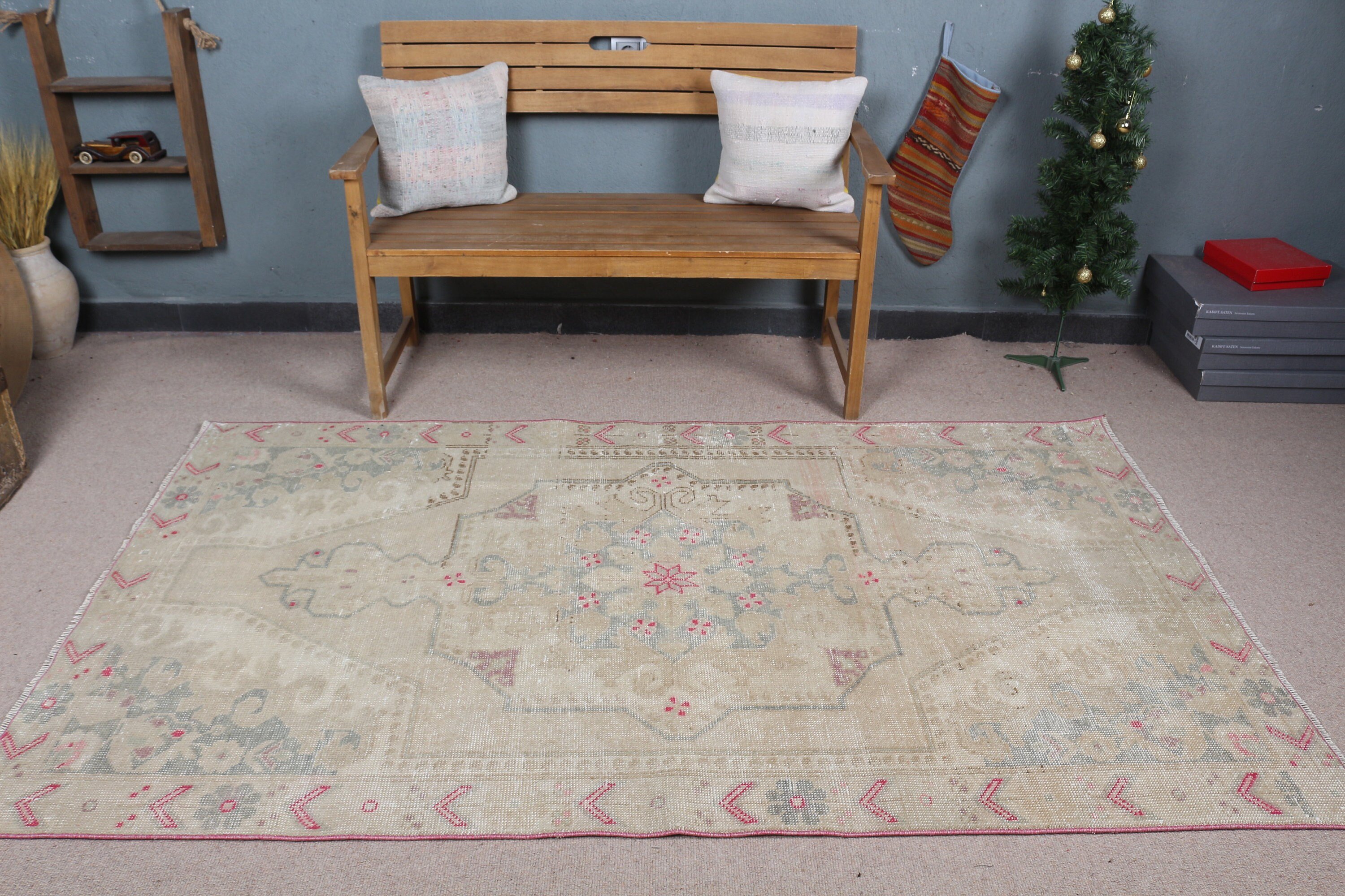 Dining Room Rugs, Turkish Rug, Vintage Rugs, Oriental Rugs, Old Rugs, Beige Bedroom Rug, Nursery Rug, 4.3x7.4 ft Area Rug