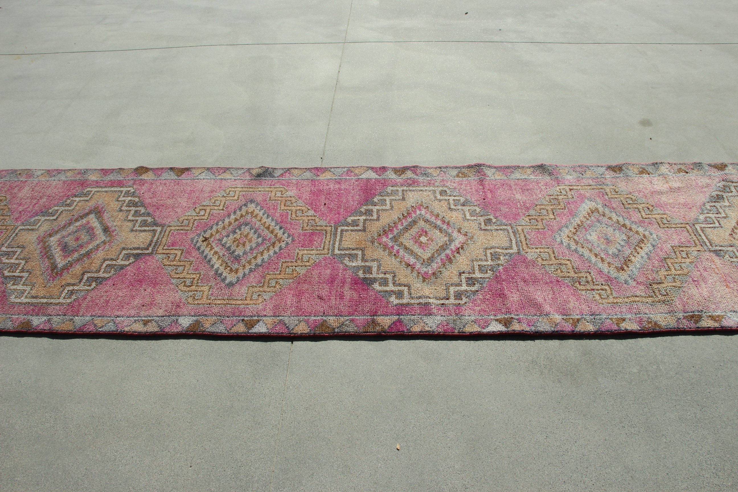 Pembe Geometrik Halılar, Vintage Halı, Koridor Halısı, Türk Halısı, 2.9x12.7 ft Runner Halısı, Düz Dokuma Halısı, Uzun Yolluk Halıları