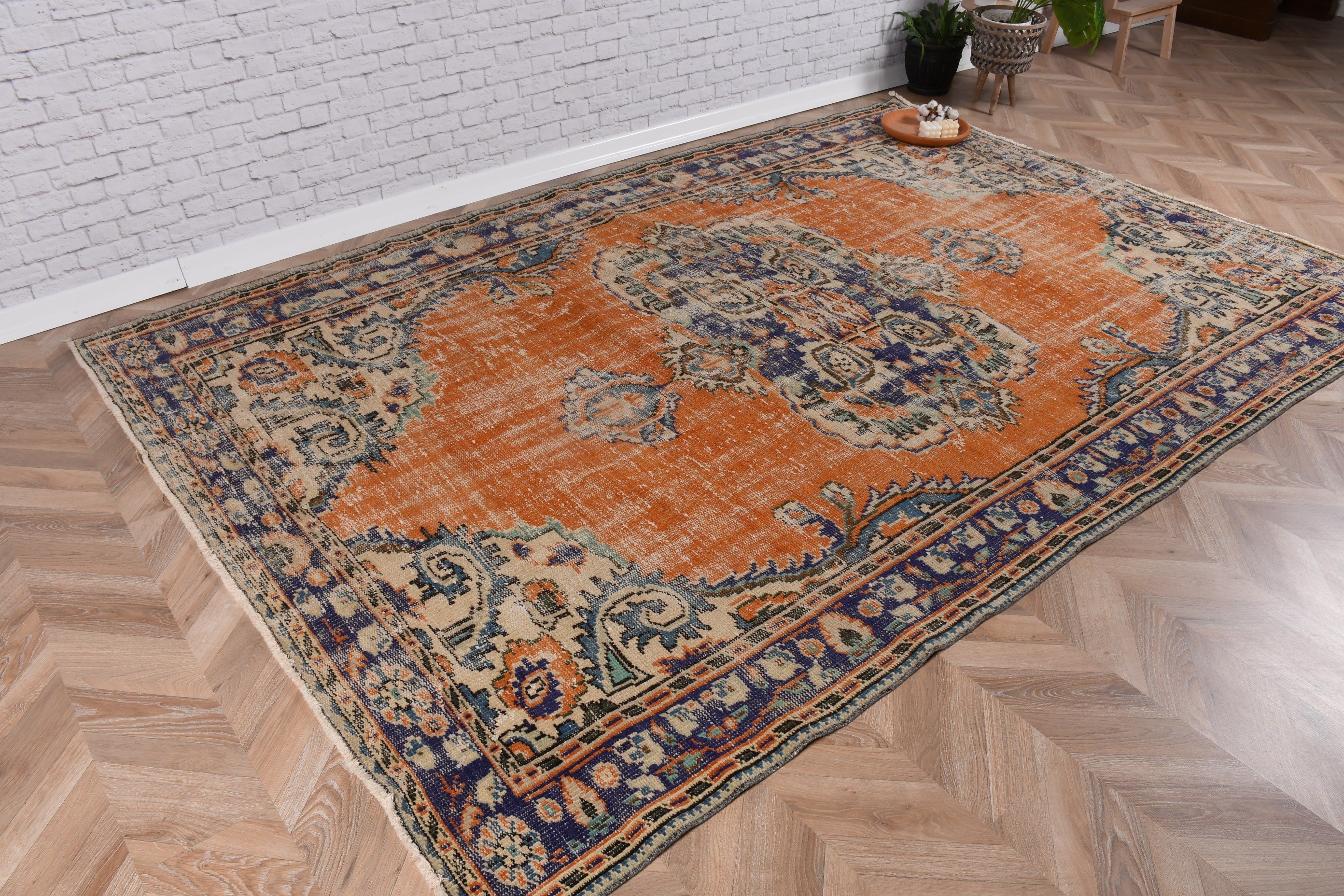 Living Room Rug, Moroccan Rug, Orange  6.2x9.4 ft Large Rug, Turkish Rugs, Dining Room Rugs, Vintage Rug, Geometric Rug